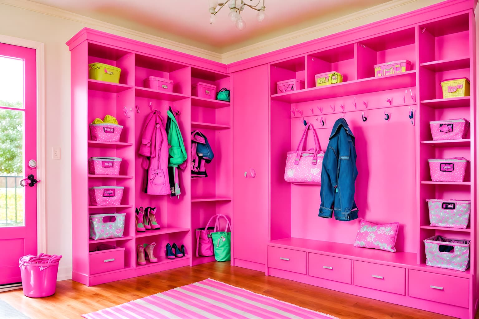 hot pink-style (mudroom interior) with a bench and shelves for shoes and storage drawers and wall hooks for coats and high up storage and cubbies and cabinets and storage baskets. . with hot pink barbie colors and barbie closet and barbie glitter and sparkle and barbie chairs and barbie plastic interior and barbie bold rosy hues like fuchsia and magenta and barbie sofa and barbie style interior. . cinematic photo, highly detailed, cinematic lighting, ultra-detailed, ultrarealistic, photorealism, 8k. hot pink interior design style. masterpiece, cinematic light, ultrarealistic+, photorealistic+, 8k, raw photo, realistic, sharp focus on eyes, (symmetrical eyes), (intact eyes), hyperrealistic, highest quality, best quality, , highly detailed, masterpiece, best quality, extremely detailed 8k wallpaper, masterpiece, best quality, ultra-detailed, best shadow, detailed background, detailed face, detailed eyes, high contrast, best illumination, detailed face, dulux, caustic, dynamic angle, detailed glow. dramatic lighting. highly detailed, insanely detailed hair, symmetrical, intricate details, professionally retouched, 8k high definition. strong bokeh. award winning photo.