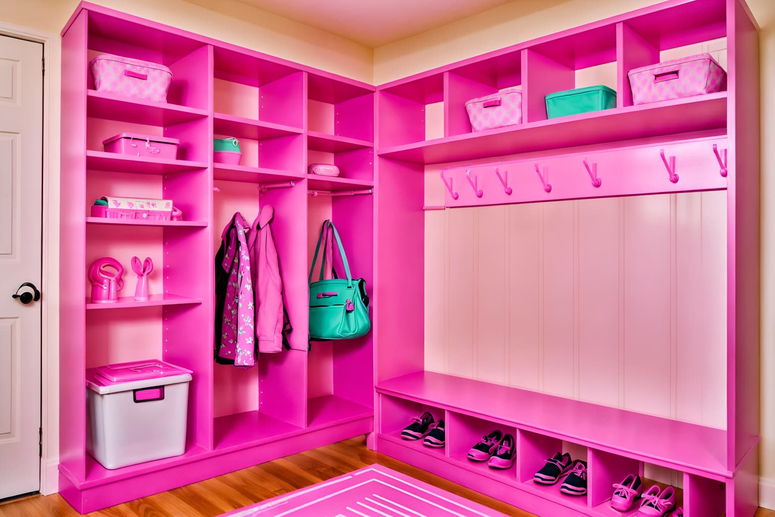 hot pink-style (mudroom interior) with a bench and shelves for shoes and storage drawers and wall hooks for coats and high up storage and cubbies and cabinets and storage baskets. . with hot pink barbie colors and barbie closet and barbie glitter and sparkle and barbie chairs and barbie plastic interior and barbie bold rosy hues like fuchsia and magenta and barbie sofa and barbie style interior. . cinematic photo, highly detailed, cinematic lighting, ultra-detailed, ultrarealistic, photorealism, 8k. hot pink interior design style. masterpiece, cinematic light, ultrarealistic+, photorealistic+, 8k, raw photo, realistic, sharp focus on eyes, (symmetrical eyes), (intact eyes), hyperrealistic, highest quality, best quality, , highly detailed, masterpiece, best quality, extremely detailed 8k wallpaper, masterpiece, best quality, ultra-detailed, best shadow, detailed background, detailed face, detailed eyes, high contrast, best illumination, detailed face, dulux, caustic, dynamic angle, detailed glow. dramatic lighting. highly detailed, insanely detailed hair, symmetrical, intricate details, professionally retouched, 8k high definition. strong bokeh. award winning photo.
