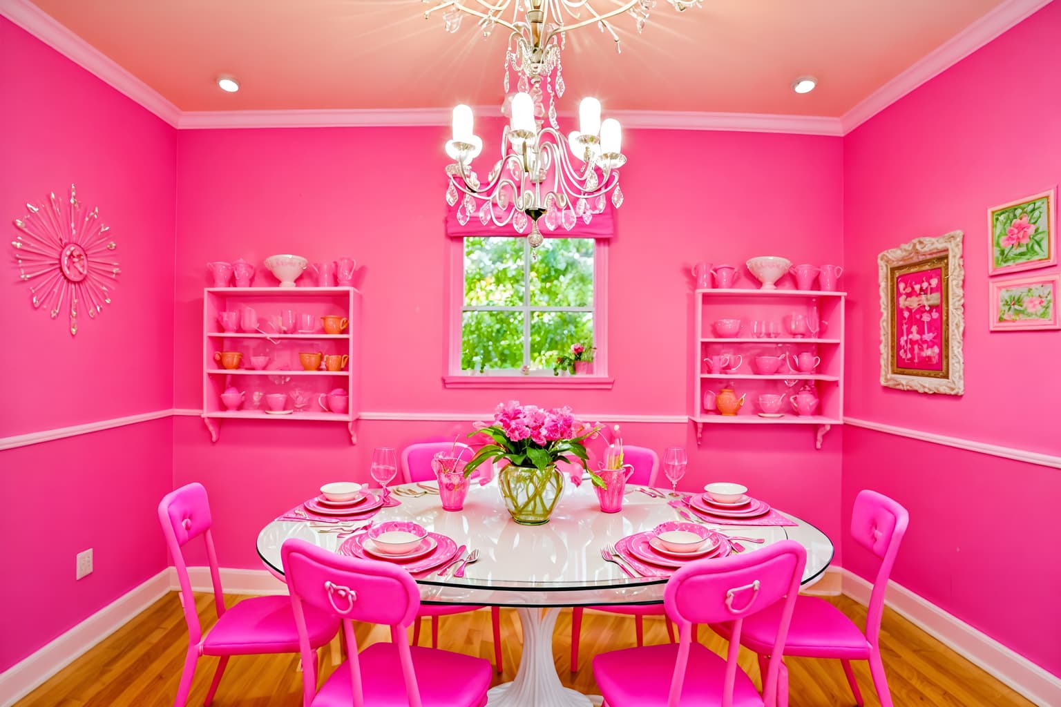 hot pink-style (dining room interior) with plates, cutlery and glasses on dining table and plant and bookshelves and dining table chairs and painting or photo on wall and vase and light or chandelier and dining table. . with hot pink barbie walls and hot pink barbie colors and barbie style interior and barbie glitter and sparkle and barbie sofa and barbie chairs and barbie bold rosy hues like fuchsia and magenta and barbie closet. . cinematic photo, highly detailed, cinematic lighting, ultra-detailed, ultrarealistic, photorealism, 8k. hot pink interior design style. masterpiece, cinematic light, ultrarealistic+, photorealistic+, 8k, raw photo, realistic, sharp focus on eyes, (symmetrical eyes), (intact eyes), hyperrealistic, highest quality, best quality, , highly detailed, masterpiece, best quality, extremely detailed 8k wallpaper, masterpiece, best quality, ultra-detailed, best shadow, detailed background, detailed face, detailed eyes, high contrast, best illumination, detailed face, dulux, caustic, dynamic angle, detailed glow. dramatic lighting. highly detailed, insanely detailed hair, symmetrical, intricate details, professionally retouched, 8k high definition. strong bokeh. award winning photo.