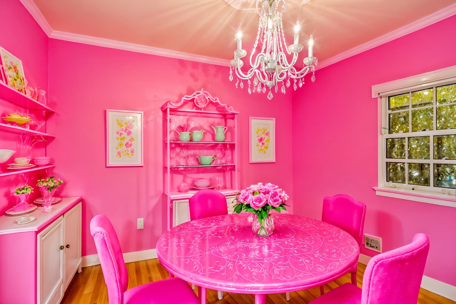 hot pink-style (dining room interior) with plates, cutlery and glasses on dining table and plant and bookshelves and dining table chairs and painting or photo on wall and vase and light or chandelier and dining table. . with hot pink barbie walls and hot pink barbie colors and barbie style interior and barbie glitter and sparkle and barbie sofa and barbie chairs and barbie bold rosy hues like fuchsia and magenta and barbie closet. . cinematic photo, highly detailed, cinematic lighting, ultra-detailed, ultrarealistic, photorealism, 8k. hot pink interior design style. masterpiece, cinematic light, ultrarealistic+, photorealistic+, 8k, raw photo, realistic, sharp focus on eyes, (symmetrical eyes), (intact eyes), hyperrealistic, highest quality, best quality, , highly detailed, masterpiece, best quality, extremely detailed 8k wallpaper, masterpiece, best quality, ultra-detailed, best shadow, detailed background, detailed face, detailed eyes, high contrast, best illumination, detailed face, dulux, caustic, dynamic angle, detailed glow. dramatic lighting. highly detailed, insanely detailed hair, symmetrical, intricate details, professionally retouched, 8k high definition. strong bokeh. award winning photo.