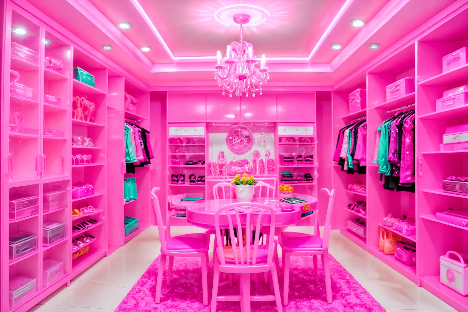 hot pink-style (clothing store interior) . with barbie closet and barbie plastic interior and barbie sofa and barbie chairs and hot pink barbie walls and barbie style interior and barbie bold rosy hues like fuchsia and magenta and barbie glitter and sparkle. . cinematic photo, highly detailed, cinematic lighting, ultra-detailed, ultrarealistic, photorealism, 8k. hot pink interior design style. masterpiece, cinematic light, ultrarealistic+, photorealistic+, 8k, raw photo, realistic, sharp focus on eyes, (symmetrical eyes), (intact eyes), hyperrealistic, highest quality, best quality, , highly detailed, masterpiece, best quality, extremely detailed 8k wallpaper, masterpiece, best quality, ultra-detailed, best shadow, detailed background, detailed face, detailed eyes, high contrast, best illumination, detailed face, dulux, caustic, dynamic angle, detailed glow. dramatic lighting. highly detailed, insanely detailed hair, symmetrical, intricate details, professionally retouched, 8k high definition. strong bokeh. award winning photo.