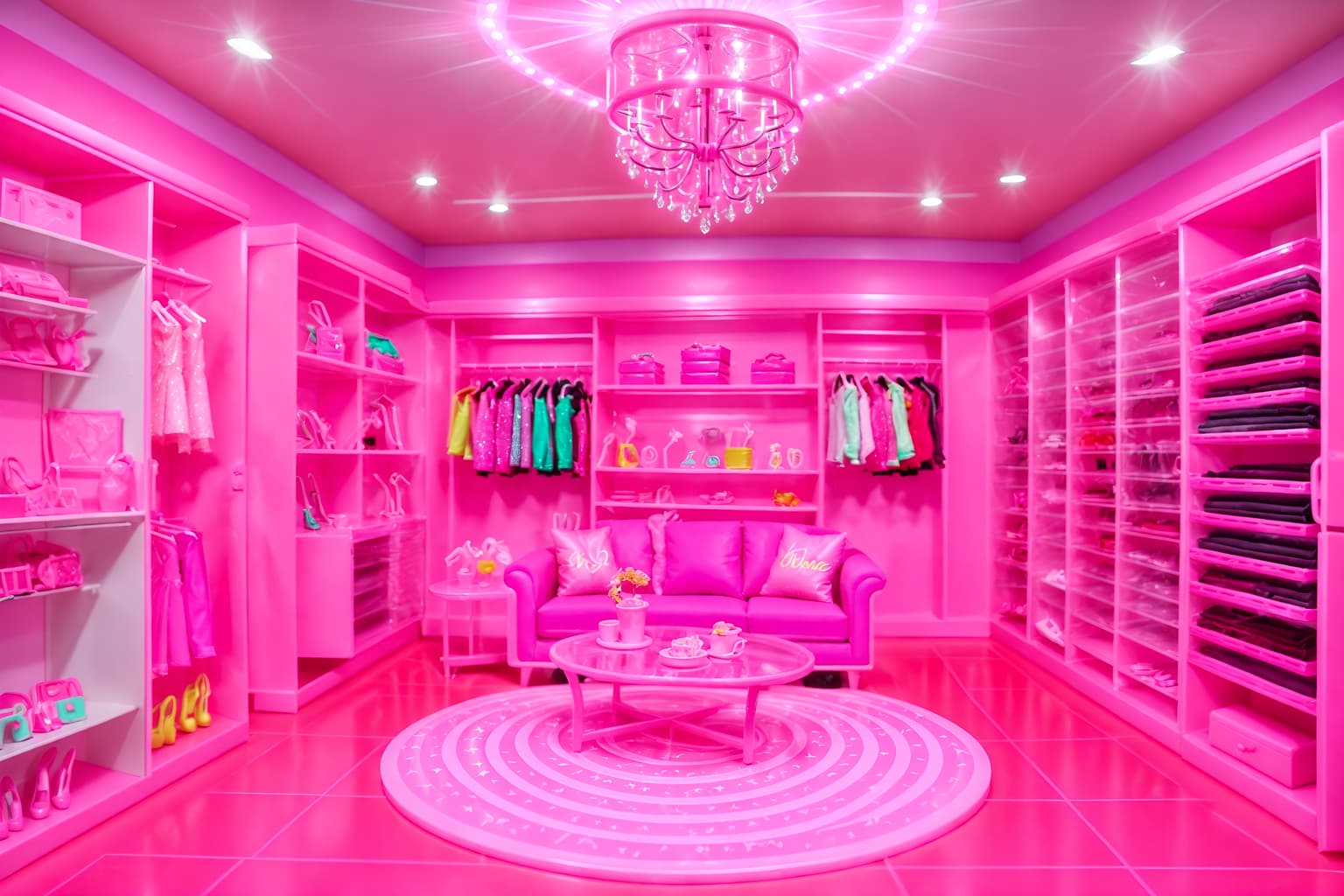 hot pink-style (clothing store interior) . with barbie closet and barbie plastic interior and barbie sofa and barbie chairs and hot pink barbie walls and barbie style interior and barbie bold rosy hues like fuchsia and magenta and barbie glitter and sparkle. . cinematic photo, highly detailed, cinematic lighting, ultra-detailed, ultrarealistic, photorealism, 8k. hot pink interior design style. masterpiece, cinematic light, ultrarealistic+, photorealistic+, 8k, raw photo, realistic, sharp focus on eyes, (symmetrical eyes), (intact eyes), hyperrealistic, highest quality, best quality, , highly detailed, masterpiece, best quality, extremely detailed 8k wallpaper, masterpiece, best quality, ultra-detailed, best shadow, detailed background, detailed face, detailed eyes, high contrast, best illumination, detailed face, dulux, caustic, dynamic angle, detailed glow. dramatic lighting. highly detailed, insanely detailed hair, symmetrical, intricate details, professionally retouched, 8k high definition. strong bokeh. award winning photo.