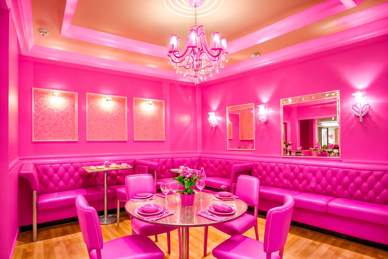 hot pink-style (restaurant interior) with restaurant dining tables and restaurant chairs and restaurant bar and restaurant decor and restaurant dining tables. . with barbie bold rosy hues like fuchsia and magenta and barbie sofa and barbie glitter and sparkle and hot pink barbie walls and hot pink barbie colors and barbie style interior and barbie closet and barbie plastic interior. . cinematic photo, highly detailed, cinematic lighting, ultra-detailed, ultrarealistic, photorealism, 8k. hot pink interior design style. masterpiece, cinematic light, ultrarealistic+, photorealistic+, 8k, raw photo, realistic, sharp focus on eyes, (symmetrical eyes), (intact eyes), hyperrealistic, highest quality, best quality, , highly detailed, masterpiece, best quality, extremely detailed 8k wallpaper, masterpiece, best quality, ultra-detailed, best shadow, detailed background, detailed face, detailed eyes, high contrast, best illumination, detailed face, dulux, caustic, dynamic angle, detailed glow. dramatic lighting. highly detailed, insanely detailed hair, symmetrical, intricate details, professionally retouched, 8k high definition. strong bokeh. award winning photo.