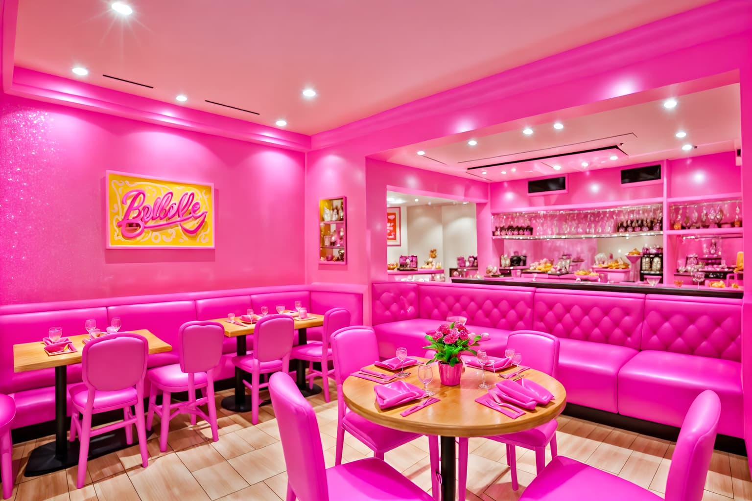 hot pink-style (restaurant interior) with restaurant dining tables and restaurant chairs and restaurant bar and restaurant decor and restaurant dining tables. . with barbie bold rosy hues like fuchsia and magenta and barbie sofa and barbie glitter and sparkle and hot pink barbie walls and hot pink barbie colors and barbie style interior and barbie closet and barbie plastic interior. . cinematic photo, highly detailed, cinematic lighting, ultra-detailed, ultrarealistic, photorealism, 8k. hot pink interior design style. masterpiece, cinematic light, ultrarealistic+, photorealistic+, 8k, raw photo, realistic, sharp focus on eyes, (symmetrical eyes), (intact eyes), hyperrealistic, highest quality, best quality, , highly detailed, masterpiece, best quality, extremely detailed 8k wallpaper, masterpiece, best quality, ultra-detailed, best shadow, detailed background, detailed face, detailed eyes, high contrast, best illumination, detailed face, dulux, caustic, dynamic angle, detailed glow. dramatic lighting. highly detailed, insanely detailed hair, symmetrical, intricate details, professionally retouched, 8k high definition. strong bokeh. award winning photo.