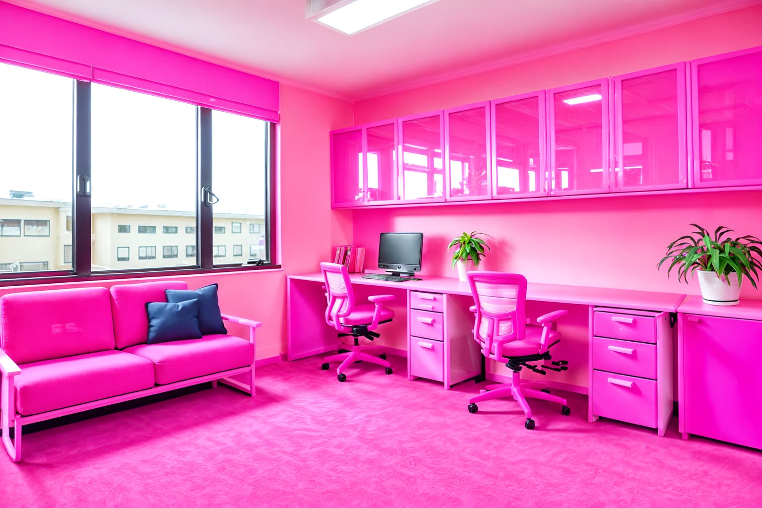 hot pink-style (office interior) with cabinets and computer desks and seating area with sofa and office desks and windows and lounge chairs and office chairs and plants. . with barbie style interior and barbie closet and barbie sofa and barbie chairs and hot pink barbie walls and hot pink barbie colors and barbie plastic interior and barbie bold rosy hues like fuchsia and magenta. . cinematic photo, highly detailed, cinematic lighting, ultra-detailed, ultrarealistic, photorealism, 8k. hot pink interior design style. masterpiece, cinematic light, ultrarealistic+, photorealistic+, 8k, raw photo, realistic, sharp focus on eyes, (symmetrical eyes), (intact eyes), hyperrealistic, highest quality, best quality, , highly detailed, masterpiece, best quality, extremely detailed 8k wallpaper, masterpiece, best quality, ultra-detailed, best shadow, detailed background, detailed face, detailed eyes, high contrast, best illumination, detailed face, dulux, caustic, dynamic angle, detailed glow. dramatic lighting. highly detailed, insanely detailed hair, symmetrical, intricate details, professionally retouched, 8k high definition. strong bokeh. award winning photo.