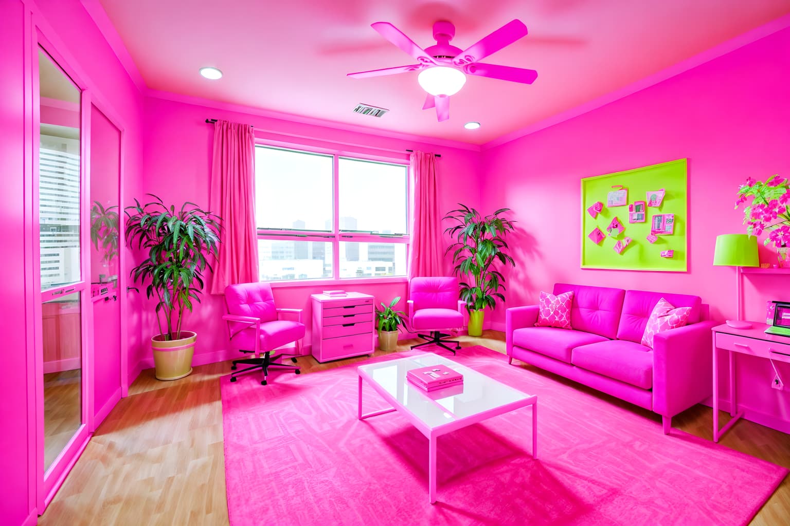 hot pink-style (office interior) with cabinets and computer desks and seating area with sofa and office desks and windows and lounge chairs and office chairs and plants. . with barbie style interior and barbie closet and barbie sofa and barbie chairs and hot pink barbie walls and hot pink barbie colors and barbie plastic interior and barbie bold rosy hues like fuchsia and magenta. . cinematic photo, highly detailed, cinematic lighting, ultra-detailed, ultrarealistic, photorealism, 8k. hot pink interior design style. masterpiece, cinematic light, ultrarealistic+, photorealistic+, 8k, raw photo, realistic, sharp focus on eyes, (symmetrical eyes), (intact eyes), hyperrealistic, highest quality, best quality, , highly detailed, masterpiece, best quality, extremely detailed 8k wallpaper, masterpiece, best quality, ultra-detailed, best shadow, detailed background, detailed face, detailed eyes, high contrast, best illumination, detailed face, dulux, caustic, dynamic angle, detailed glow. dramatic lighting. highly detailed, insanely detailed hair, symmetrical, intricate details, professionally retouched, 8k high definition. strong bokeh. award winning photo.