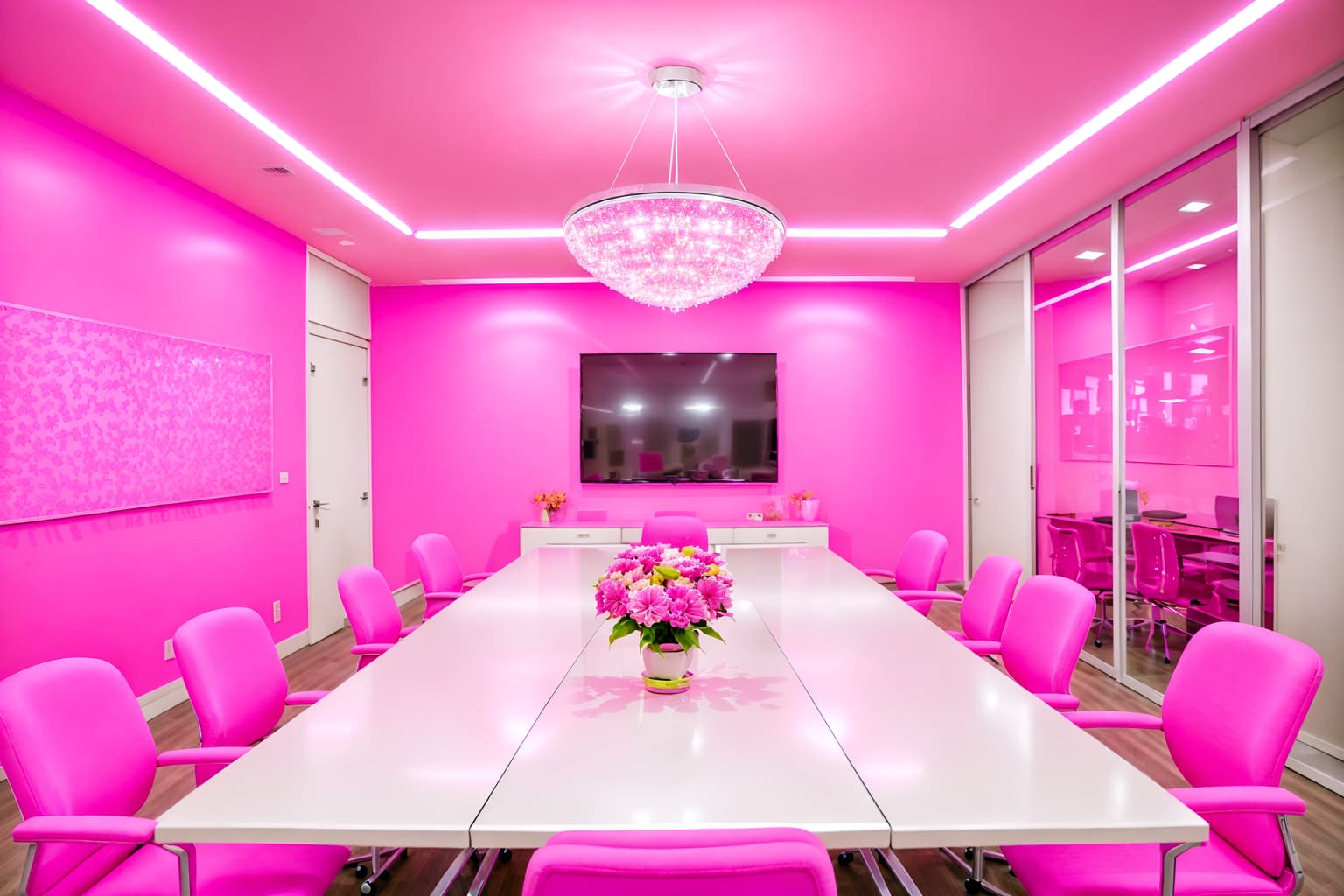 hot pink-style (meeting room interior) with painting or photo on wall and cabinets and glass walls and boardroom table and glass doors and vase and plant and office chairs. . with barbie sofa and hot pink barbie walls and barbie chairs and barbie glitter and sparkle and barbie closet and hot pink barbie colors and barbie style interior and barbie bold rosy hues like fuchsia and magenta. . cinematic photo, highly detailed, cinematic lighting, ultra-detailed, ultrarealistic, photorealism, 8k. hot pink interior design style. masterpiece, cinematic light, ultrarealistic+, photorealistic+, 8k, raw photo, realistic, sharp focus on eyes, (symmetrical eyes), (intact eyes), hyperrealistic, highest quality, best quality, , highly detailed, masterpiece, best quality, extremely detailed 8k wallpaper, masterpiece, best quality, ultra-detailed, best shadow, detailed background, detailed face, detailed eyes, high contrast, best illumination, detailed face, dulux, caustic, dynamic angle, detailed glow. dramatic lighting. highly detailed, insanely detailed hair, symmetrical, intricate details, professionally retouched, 8k high definition. strong bokeh. award winning photo.