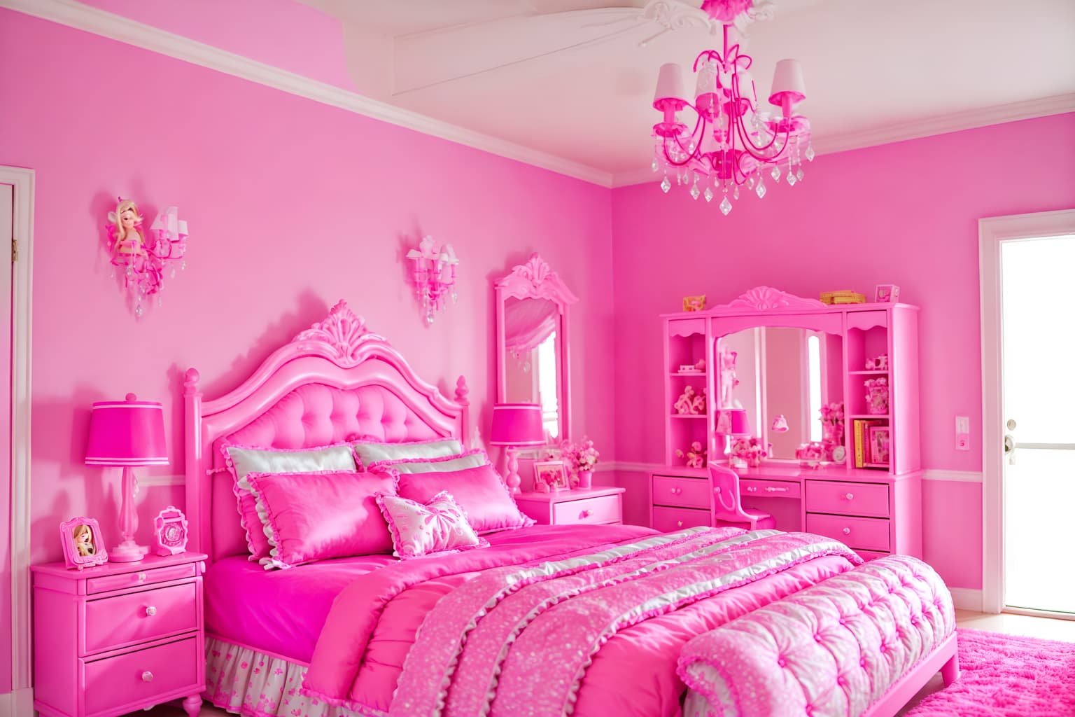 hot pink-style (bedroom interior) with plant and bed and dresser closet and bedside table or night stand and mirror and night light and accent chair and headboard. . with barbie plastic interior and barbie bold rosy hues like fuchsia and magenta and barbie style interior and barbie chairs and barbie glitter and sparkle and barbie sofa and hot pink barbie walls and hot pink barbie colors. . cinematic photo, highly detailed, cinematic lighting, ultra-detailed, ultrarealistic, photorealism, 8k. hot pink interior design style. masterpiece, cinematic light, ultrarealistic+, photorealistic+, 8k, raw photo, realistic, sharp focus on eyes, (symmetrical eyes), (intact eyes), hyperrealistic, highest quality, best quality, , highly detailed, masterpiece, best quality, extremely detailed 8k wallpaper, masterpiece, best quality, ultra-detailed, best shadow, detailed background, detailed face, detailed eyes, high contrast, best illumination, detailed face, dulux, caustic, dynamic angle, detailed glow. dramatic lighting. highly detailed, insanely detailed hair, symmetrical, intricate details, professionally retouched, 8k high definition. strong bokeh. award winning photo.