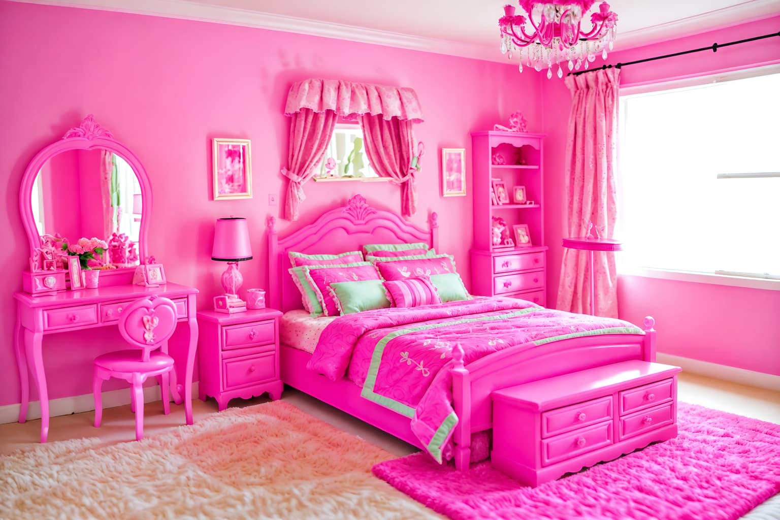 hot pink-style (bedroom interior) with plant and bed and dresser closet and bedside table or night stand and mirror and night light and accent chair and headboard. . with barbie plastic interior and barbie bold rosy hues like fuchsia and magenta and barbie style interior and barbie chairs and barbie glitter and sparkle and barbie sofa and hot pink barbie walls and hot pink barbie colors. . cinematic photo, highly detailed, cinematic lighting, ultra-detailed, ultrarealistic, photorealism, 8k. hot pink interior design style. masterpiece, cinematic light, ultrarealistic+, photorealistic+, 8k, raw photo, realistic, sharp focus on eyes, (symmetrical eyes), (intact eyes), hyperrealistic, highest quality, best quality, , highly detailed, masterpiece, best quality, extremely detailed 8k wallpaper, masterpiece, best quality, ultra-detailed, best shadow, detailed background, detailed face, detailed eyes, high contrast, best illumination, detailed face, dulux, caustic, dynamic angle, detailed glow. dramatic lighting. highly detailed, insanely detailed hair, symmetrical, intricate details, professionally retouched, 8k high definition. strong bokeh. award winning photo.