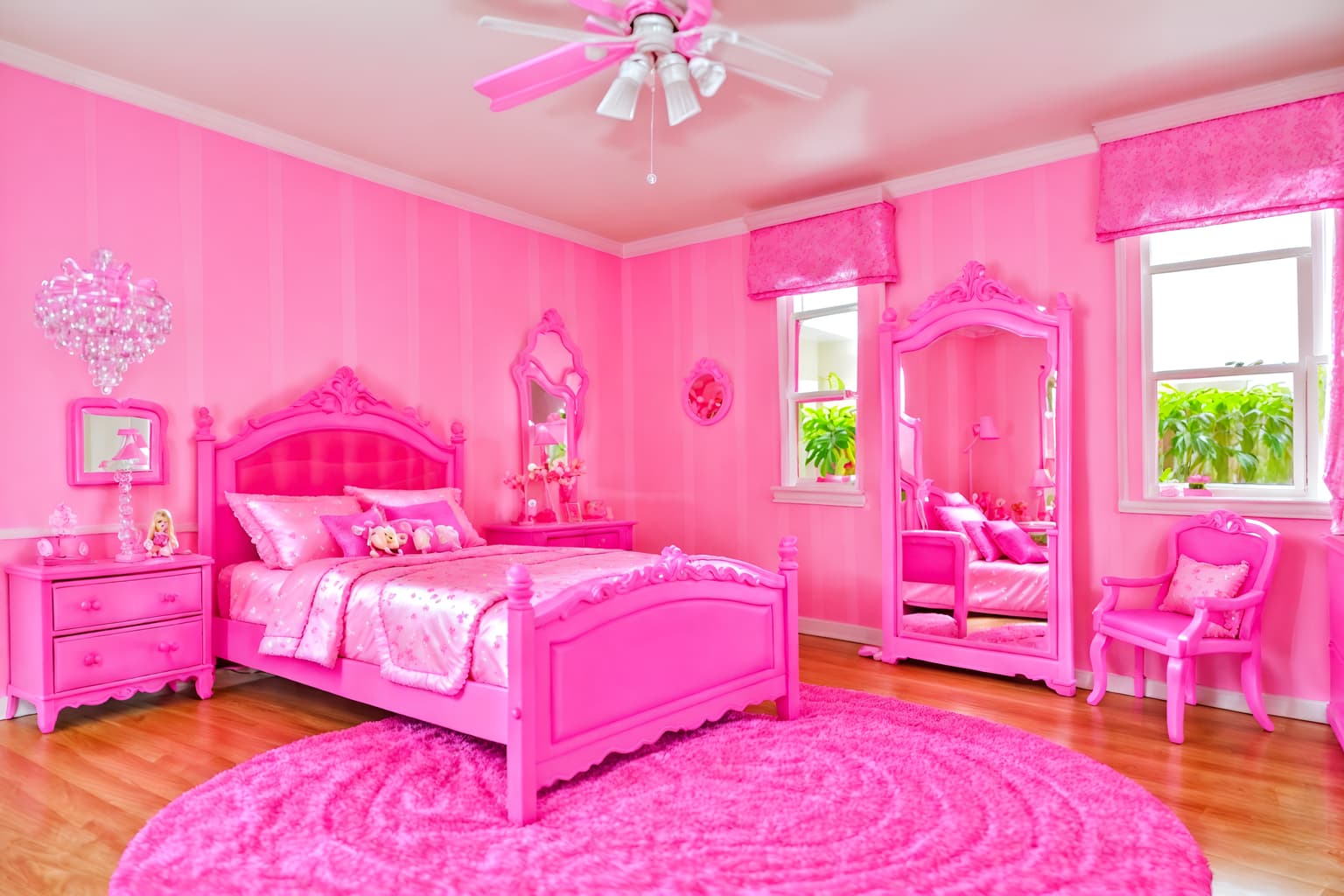 hot pink-style (bedroom interior) with plant and bed and dresser closet and bedside table or night stand and mirror and night light and accent chair and headboard. . with barbie plastic interior and barbie bold rosy hues like fuchsia and magenta and barbie style interior and barbie chairs and barbie glitter and sparkle and barbie sofa and hot pink barbie walls and hot pink barbie colors. . cinematic photo, highly detailed, cinematic lighting, ultra-detailed, ultrarealistic, photorealism, 8k. hot pink interior design style. masterpiece, cinematic light, ultrarealistic+, photorealistic+, 8k, raw photo, realistic, sharp focus on eyes, (symmetrical eyes), (intact eyes), hyperrealistic, highest quality, best quality, , highly detailed, masterpiece, best quality, extremely detailed 8k wallpaper, masterpiece, best quality, ultra-detailed, best shadow, detailed background, detailed face, detailed eyes, high contrast, best illumination, detailed face, dulux, caustic, dynamic angle, detailed glow. dramatic lighting. highly detailed, insanely detailed hair, symmetrical, intricate details, professionally retouched, 8k high definition. strong bokeh. award winning photo.