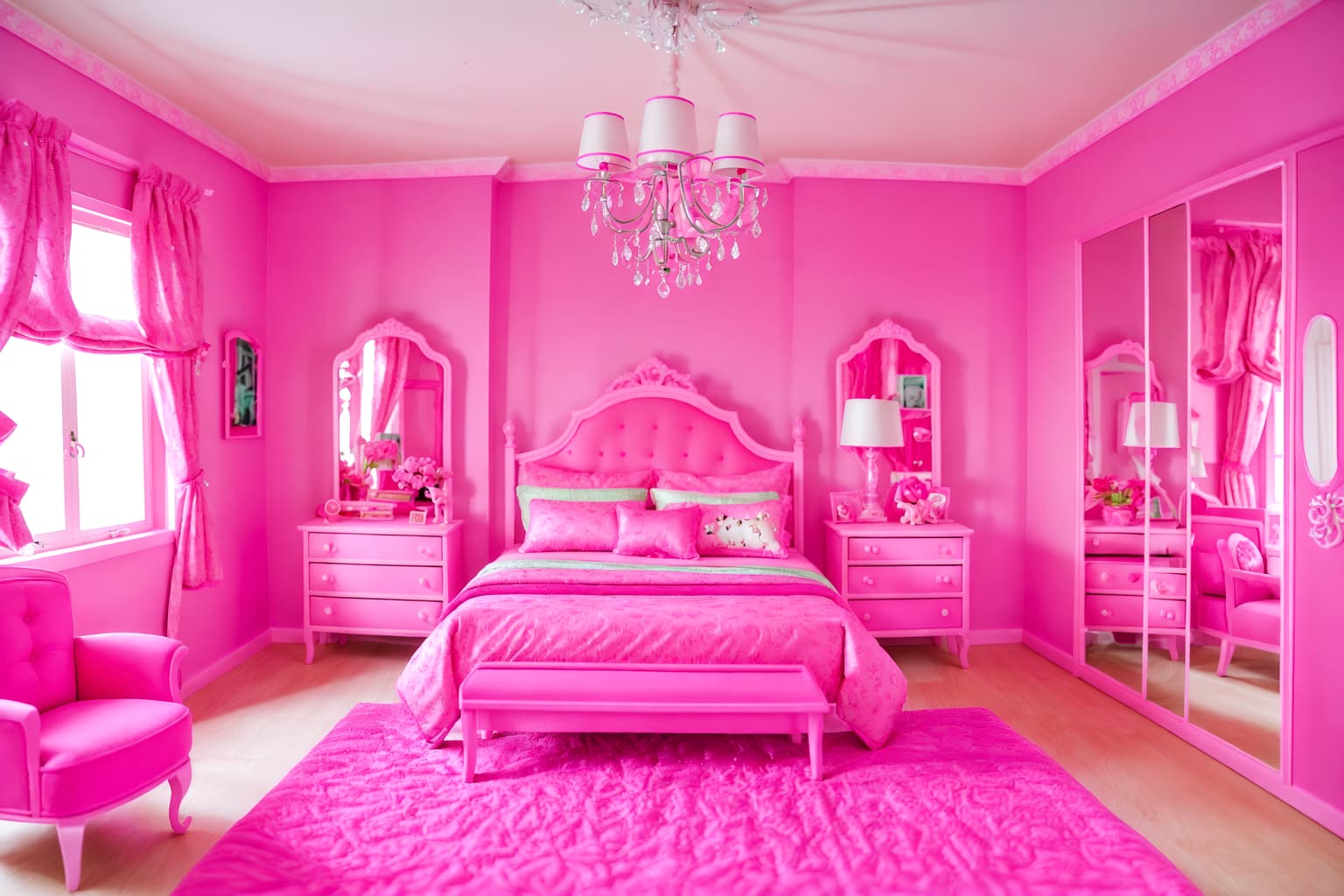 hot pink-style (bedroom interior) with plant and bed and dresser closet and bedside table or night stand and mirror and night light and accent chair and headboard. . with barbie plastic interior and barbie bold rosy hues like fuchsia and magenta and barbie style interior and barbie chairs and barbie glitter and sparkle and barbie sofa and hot pink barbie walls and hot pink barbie colors. . cinematic photo, highly detailed, cinematic lighting, ultra-detailed, ultrarealistic, photorealism, 8k. hot pink interior design style. masterpiece, cinematic light, ultrarealistic+, photorealistic+, 8k, raw photo, realistic, sharp focus on eyes, (symmetrical eyes), (intact eyes), hyperrealistic, highest quality, best quality, , highly detailed, masterpiece, best quality, extremely detailed 8k wallpaper, masterpiece, best quality, ultra-detailed, best shadow, detailed background, detailed face, detailed eyes, high contrast, best illumination, detailed face, dulux, caustic, dynamic angle, detailed glow. dramatic lighting. highly detailed, insanely detailed hair, symmetrical, intricate details, professionally retouched, 8k high definition. strong bokeh. award winning photo.