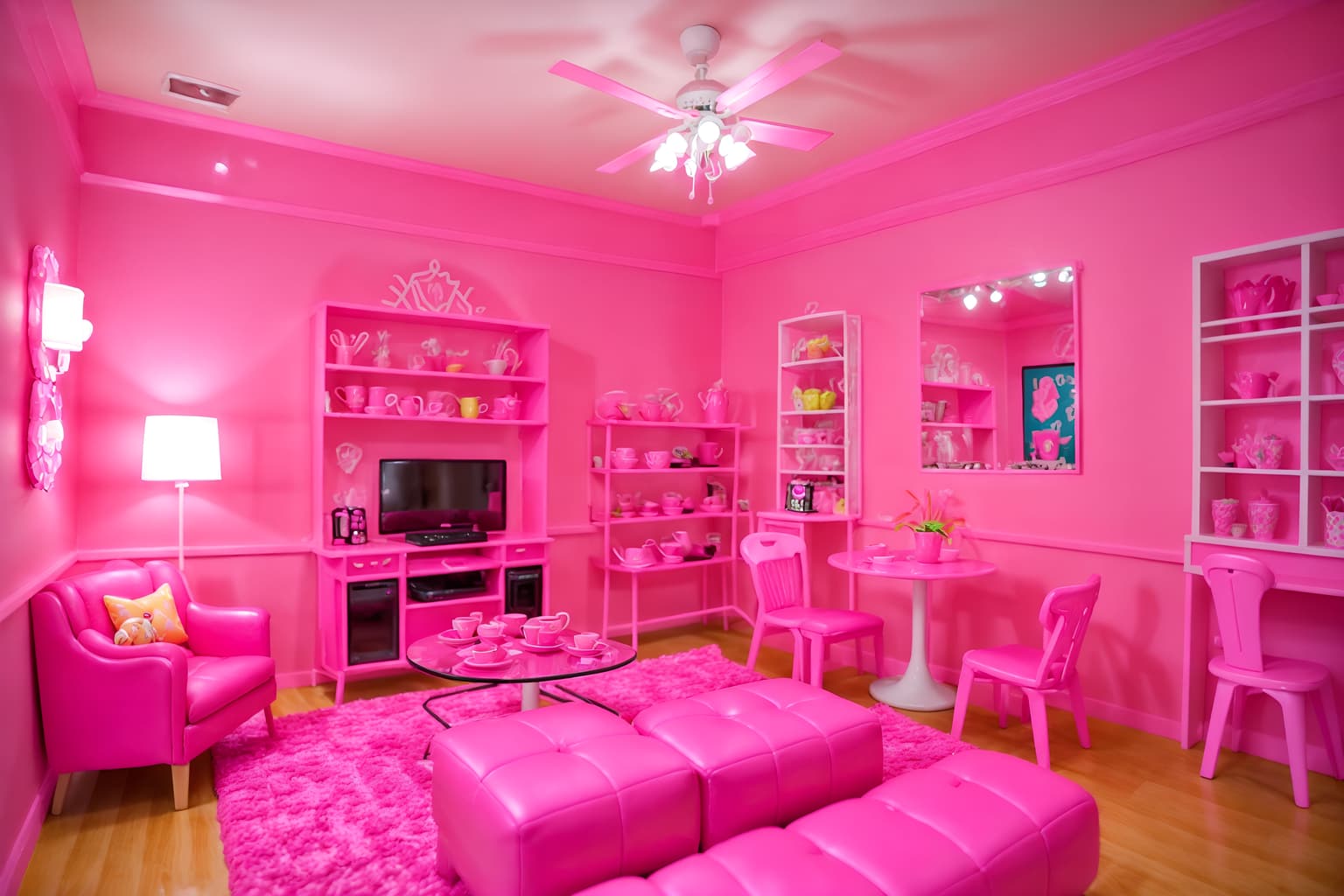 hot pink-style (coffee shop interior) . with barbie sofa and barbie closet and barbie bold rosy hues like fuchsia and magenta and barbie plastic interior and hot pink barbie colors and barbie style interior and hot pink barbie walls and barbie glitter and sparkle. . cinematic photo, highly detailed, cinematic lighting, ultra-detailed, ultrarealistic, photorealism, 8k. hot pink interior design style. masterpiece, cinematic light, ultrarealistic+, photorealistic+, 8k, raw photo, realistic, sharp focus on eyes, (symmetrical eyes), (intact eyes), hyperrealistic, highest quality, best quality, , highly detailed, masterpiece, best quality, extremely detailed 8k wallpaper, masterpiece, best quality, ultra-detailed, best shadow, detailed background, detailed face, detailed eyes, high contrast, best illumination, detailed face, dulux, caustic, dynamic angle, detailed glow. dramatic lighting. highly detailed, insanely detailed hair, symmetrical, intricate details, professionally retouched, 8k high definition. strong bokeh. award winning photo.