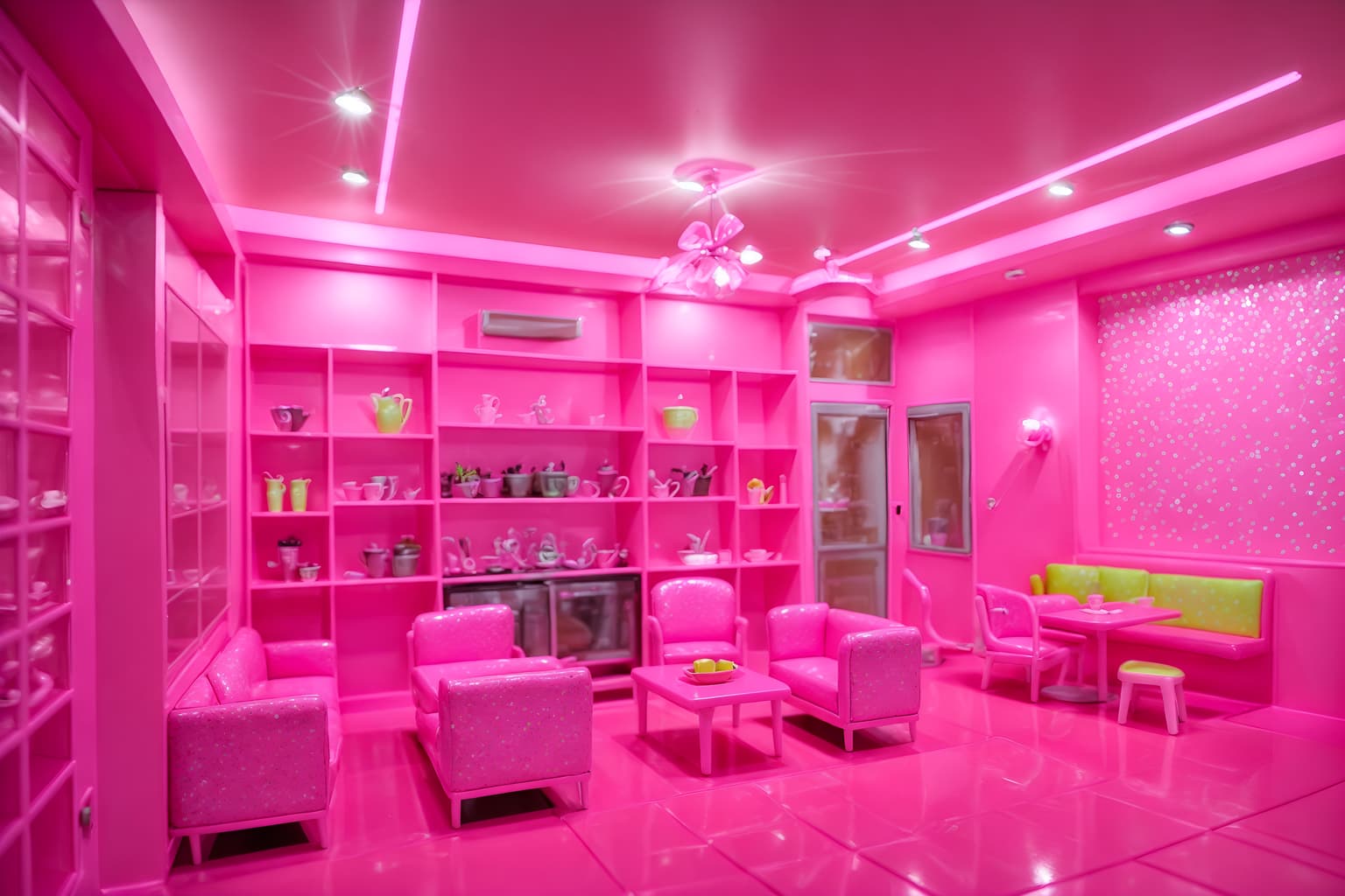 hot pink-style (coffee shop interior) . with barbie sofa and barbie closet and barbie bold rosy hues like fuchsia and magenta and barbie plastic interior and hot pink barbie colors and barbie style interior and hot pink barbie walls and barbie glitter and sparkle. . cinematic photo, highly detailed, cinematic lighting, ultra-detailed, ultrarealistic, photorealism, 8k. hot pink interior design style. masterpiece, cinematic light, ultrarealistic+, photorealistic+, 8k, raw photo, realistic, sharp focus on eyes, (symmetrical eyes), (intact eyes), hyperrealistic, highest quality, best quality, , highly detailed, masterpiece, best quality, extremely detailed 8k wallpaper, masterpiece, best quality, ultra-detailed, best shadow, detailed background, detailed face, detailed eyes, high contrast, best illumination, detailed face, dulux, caustic, dynamic angle, detailed glow. dramatic lighting. highly detailed, insanely detailed hair, symmetrical, intricate details, professionally retouched, 8k high definition. strong bokeh. award winning photo.