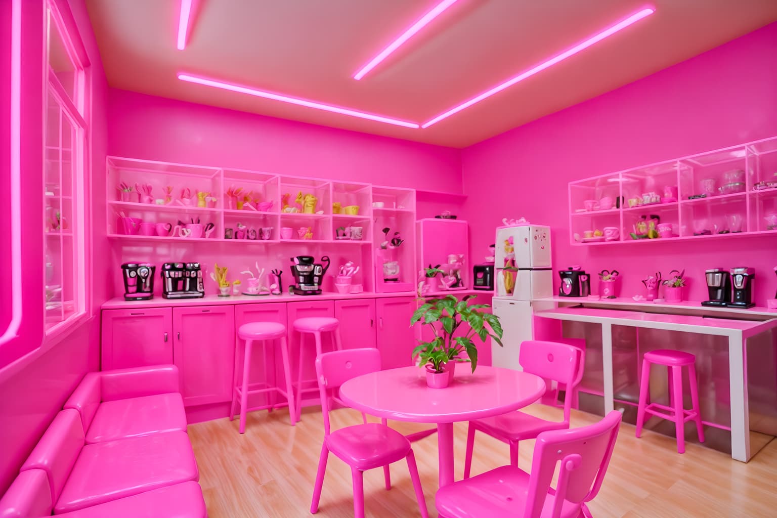 hot pink-style (coffee shop interior) . with barbie sofa and barbie closet and barbie bold rosy hues like fuchsia and magenta and barbie plastic interior and hot pink barbie colors and barbie style interior and hot pink barbie walls and barbie glitter and sparkle. . cinematic photo, highly detailed, cinematic lighting, ultra-detailed, ultrarealistic, photorealism, 8k. hot pink interior design style. masterpiece, cinematic light, ultrarealistic+, photorealistic+, 8k, raw photo, realistic, sharp focus on eyes, (symmetrical eyes), (intact eyes), hyperrealistic, highest quality, best quality, , highly detailed, masterpiece, best quality, extremely detailed 8k wallpaper, masterpiece, best quality, ultra-detailed, best shadow, detailed background, detailed face, detailed eyes, high contrast, best illumination, detailed face, dulux, caustic, dynamic angle, detailed glow. dramatic lighting. highly detailed, insanely detailed hair, symmetrical, intricate details, professionally retouched, 8k high definition. strong bokeh. award winning photo.