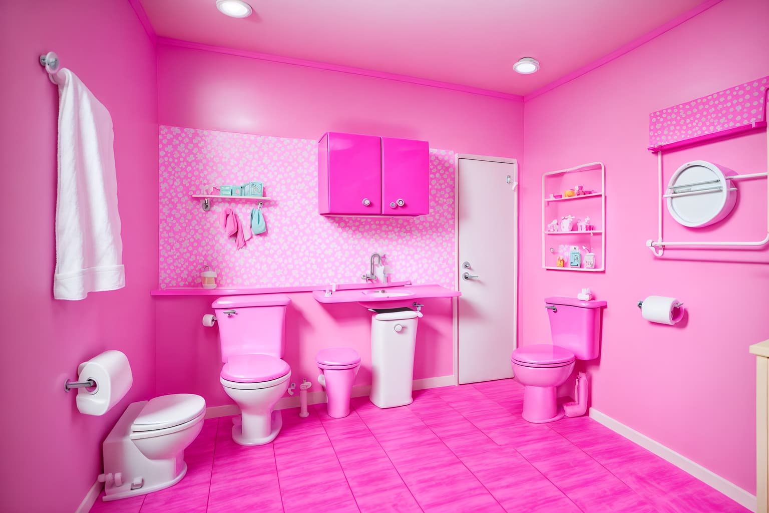hot pink-style (toilet interior) with sink with tap and toilet with toilet seat up and toilet paper hanger and sink with tap. . with barbie style interior and barbie bold rosy hues like fuchsia and magenta and hot pink barbie walls and hot pink barbie colors and barbie glitter and sparkle and barbie chairs and barbie sofa and barbie closet. . cinematic photo, highly detailed, cinematic lighting, ultra-detailed, ultrarealistic, photorealism, 8k. hot pink interior design style. masterpiece, cinematic light, ultrarealistic+, photorealistic+, 8k, raw photo, realistic, sharp focus on eyes, (symmetrical eyes), (intact eyes), hyperrealistic, highest quality, best quality, , highly detailed, masterpiece, best quality, extremely detailed 8k wallpaper, masterpiece, best quality, ultra-detailed, best shadow, detailed background, detailed face, detailed eyes, high contrast, best illumination, detailed face, dulux, caustic, dynamic angle, detailed glow. dramatic lighting. highly detailed, insanely detailed hair, symmetrical, intricate details, professionally retouched, 8k high definition. strong bokeh. award winning photo.