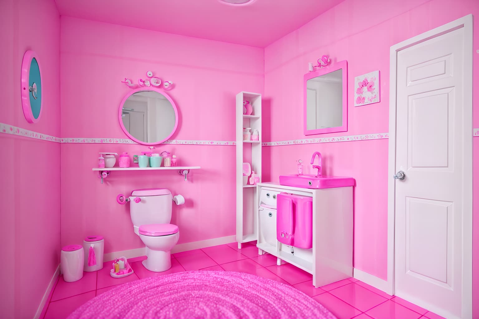 hot pink-style (toilet interior) with sink with tap and toilet with toilet seat up and toilet paper hanger and sink with tap. . with barbie style interior and barbie bold rosy hues like fuchsia and magenta and hot pink barbie walls and hot pink barbie colors and barbie glitter and sparkle and barbie chairs and barbie sofa and barbie closet. . cinematic photo, highly detailed, cinematic lighting, ultra-detailed, ultrarealistic, photorealism, 8k. hot pink interior design style. masterpiece, cinematic light, ultrarealistic+, photorealistic+, 8k, raw photo, realistic, sharp focus on eyes, (symmetrical eyes), (intact eyes), hyperrealistic, highest quality, best quality, , highly detailed, masterpiece, best quality, extremely detailed 8k wallpaper, masterpiece, best quality, ultra-detailed, best shadow, detailed background, detailed face, detailed eyes, high contrast, best illumination, detailed face, dulux, caustic, dynamic angle, detailed glow. dramatic lighting. highly detailed, insanely detailed hair, symmetrical, intricate details, professionally retouched, 8k high definition. strong bokeh. award winning photo.