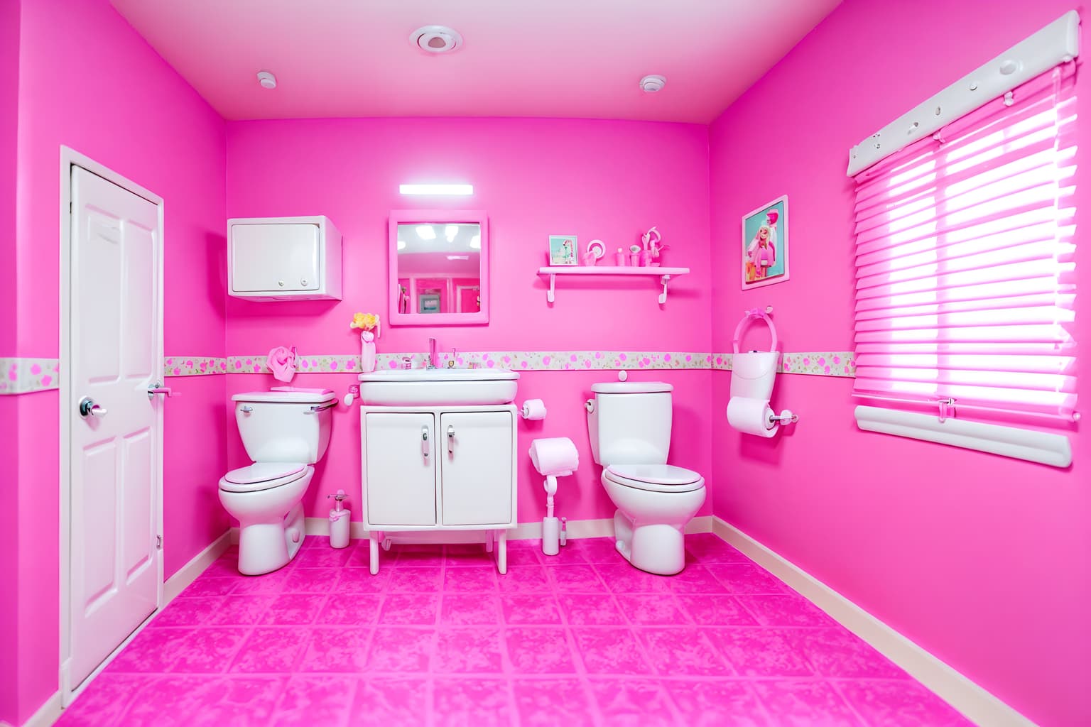 hot pink-style (toilet interior) with sink with tap and toilet with toilet seat up and toilet paper hanger and sink with tap. . with barbie style interior and barbie bold rosy hues like fuchsia and magenta and hot pink barbie walls and hot pink barbie colors and barbie glitter and sparkle and barbie chairs and barbie sofa and barbie closet. . cinematic photo, highly detailed, cinematic lighting, ultra-detailed, ultrarealistic, photorealism, 8k. hot pink interior design style. masterpiece, cinematic light, ultrarealistic+, photorealistic+, 8k, raw photo, realistic, sharp focus on eyes, (symmetrical eyes), (intact eyes), hyperrealistic, highest quality, best quality, , highly detailed, masterpiece, best quality, extremely detailed 8k wallpaper, masterpiece, best quality, ultra-detailed, best shadow, detailed background, detailed face, detailed eyes, high contrast, best illumination, detailed face, dulux, caustic, dynamic angle, detailed glow. dramatic lighting. highly detailed, insanely detailed hair, symmetrical, intricate details, professionally retouched, 8k high definition. strong bokeh. award winning photo.