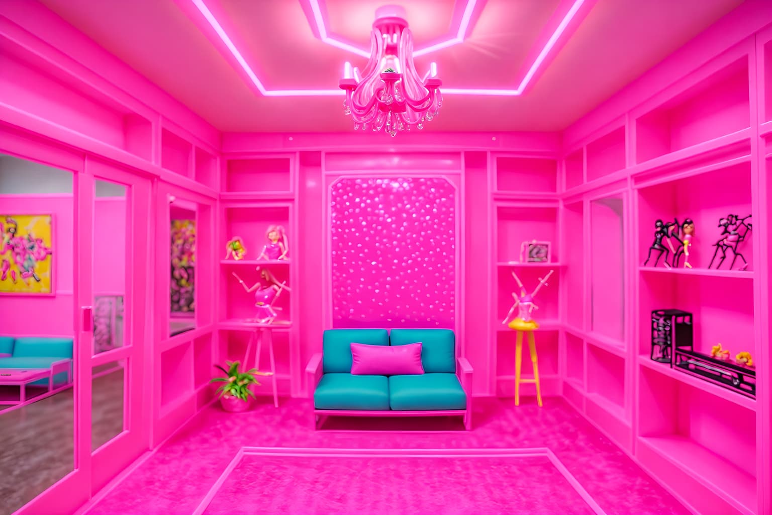 hot pink-style (exhibition space interior) . with hot pink barbie walls and barbie glitter and sparkle and hot pink barbie colors and barbie plastic interior and barbie sofa and barbie closet and barbie style interior and barbie bold rosy hues like fuchsia and magenta. . cinematic photo, highly detailed, cinematic lighting, ultra-detailed, ultrarealistic, photorealism, 8k. hot pink interior design style. masterpiece, cinematic light, ultrarealistic+, photorealistic+, 8k, raw photo, realistic, sharp focus on eyes, (symmetrical eyes), (intact eyes), hyperrealistic, highest quality, best quality, , highly detailed, masterpiece, best quality, extremely detailed 8k wallpaper, masterpiece, best quality, ultra-detailed, best shadow, detailed background, detailed face, detailed eyes, high contrast, best illumination, detailed face, dulux, caustic, dynamic angle, detailed glow. dramatic lighting. highly detailed, insanely detailed hair, symmetrical, intricate details, professionally retouched, 8k high definition. strong bokeh. award winning photo.
