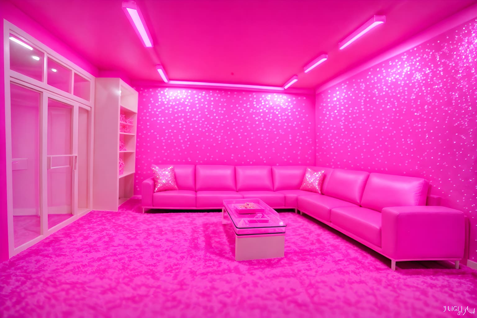 hot pink-style (exhibition space interior) . with hot pink barbie walls and barbie glitter and sparkle and hot pink barbie colors and barbie plastic interior and barbie sofa and barbie closet and barbie style interior and barbie bold rosy hues like fuchsia and magenta. . cinematic photo, highly detailed, cinematic lighting, ultra-detailed, ultrarealistic, photorealism, 8k. hot pink interior design style. masterpiece, cinematic light, ultrarealistic+, photorealistic+, 8k, raw photo, realistic, sharp focus on eyes, (symmetrical eyes), (intact eyes), hyperrealistic, highest quality, best quality, , highly detailed, masterpiece, best quality, extremely detailed 8k wallpaper, masterpiece, best quality, ultra-detailed, best shadow, detailed background, detailed face, detailed eyes, high contrast, best illumination, detailed face, dulux, caustic, dynamic angle, detailed glow. dramatic lighting. highly detailed, insanely detailed hair, symmetrical, intricate details, professionally retouched, 8k high definition. strong bokeh. award winning photo.