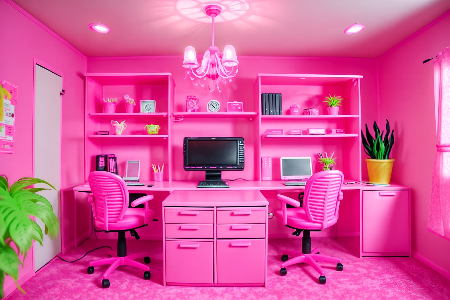 hot pink-style (home office interior) with office chair and computer desk and plant and desk lamp and cabinets and office chair. . with barbie style interior and barbie glitter and sparkle and hot pink barbie colors and barbie plastic interior and barbie bold rosy hues like fuchsia and magenta and barbie closet and hot pink barbie walls and barbie chairs. . cinematic photo, highly detailed, cinematic lighting, ultra-detailed, ultrarealistic, photorealism, 8k. hot pink interior design style. masterpiece, cinematic light, ultrarealistic+, photorealistic+, 8k, raw photo, realistic, sharp focus on eyes, (symmetrical eyes), (intact eyes), hyperrealistic, highest quality, best quality, , highly detailed, masterpiece, best quality, extremely detailed 8k wallpaper, masterpiece, best quality, ultra-detailed, best shadow, detailed background, detailed face, detailed eyes, high contrast, best illumination, detailed face, dulux, caustic, dynamic angle, detailed glow. dramatic lighting. highly detailed, insanely detailed hair, symmetrical, intricate details, professionally retouched, 8k high definition. strong bokeh. award winning photo.