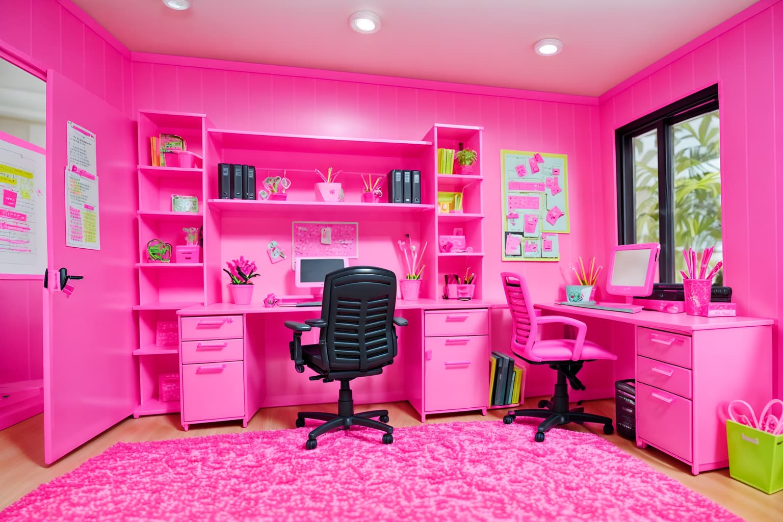 hot pink-style (home office interior) with office chair and computer desk and plant and desk lamp and cabinets and office chair. . with barbie style interior and barbie glitter and sparkle and hot pink barbie colors and barbie plastic interior and barbie bold rosy hues like fuchsia and magenta and barbie closet and hot pink barbie walls and barbie chairs. . cinematic photo, highly detailed, cinematic lighting, ultra-detailed, ultrarealistic, photorealism, 8k. hot pink interior design style. masterpiece, cinematic light, ultrarealistic+, photorealistic+, 8k, raw photo, realistic, sharp focus on eyes, (symmetrical eyes), (intact eyes), hyperrealistic, highest quality, best quality, , highly detailed, masterpiece, best quality, extremely detailed 8k wallpaper, masterpiece, best quality, ultra-detailed, best shadow, detailed background, detailed face, detailed eyes, high contrast, best illumination, detailed face, dulux, caustic, dynamic angle, detailed glow. dramatic lighting. highly detailed, insanely detailed hair, symmetrical, intricate details, professionally retouched, 8k high definition. strong bokeh. award winning photo.