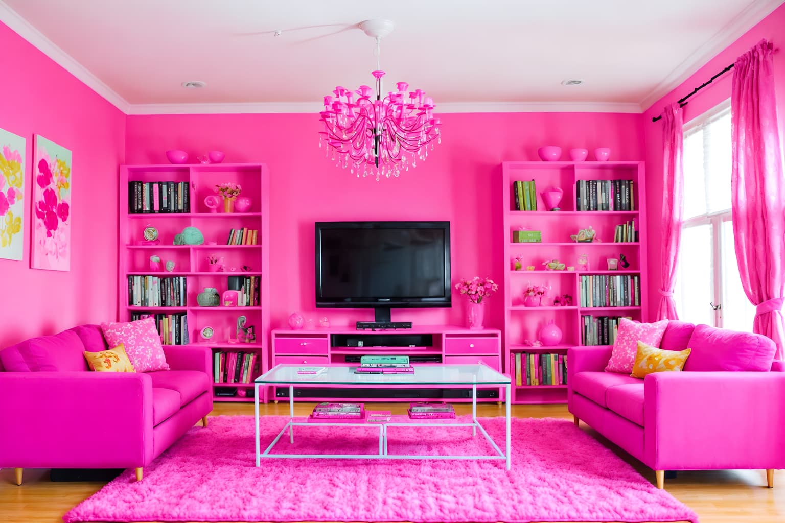 hot pink-style (living room interior) with occasional tables and televisions and bookshelves and plant and sofa and electric lamps and coffee tables and furniture. . with barbie sofa and barbie chairs and barbie bold rosy hues like fuchsia and magenta and barbie style interior and barbie closet and hot pink barbie colors and hot pink barbie walls and barbie plastic interior. . cinematic photo, highly detailed, cinematic lighting, ultra-detailed, ultrarealistic, photorealism, 8k. hot pink interior design style. masterpiece, cinematic light, ultrarealistic+, photorealistic+, 8k, raw photo, realistic, sharp focus on eyes, (symmetrical eyes), (intact eyes), hyperrealistic, highest quality, best quality, , highly detailed, masterpiece, best quality, extremely detailed 8k wallpaper, masterpiece, best quality, ultra-detailed, best shadow, detailed background, detailed face, detailed eyes, high contrast, best illumination, detailed face, dulux, caustic, dynamic angle, detailed glow. dramatic lighting. highly detailed, insanely detailed hair, symmetrical, intricate details, professionally retouched, 8k high definition. strong bokeh. award winning photo.