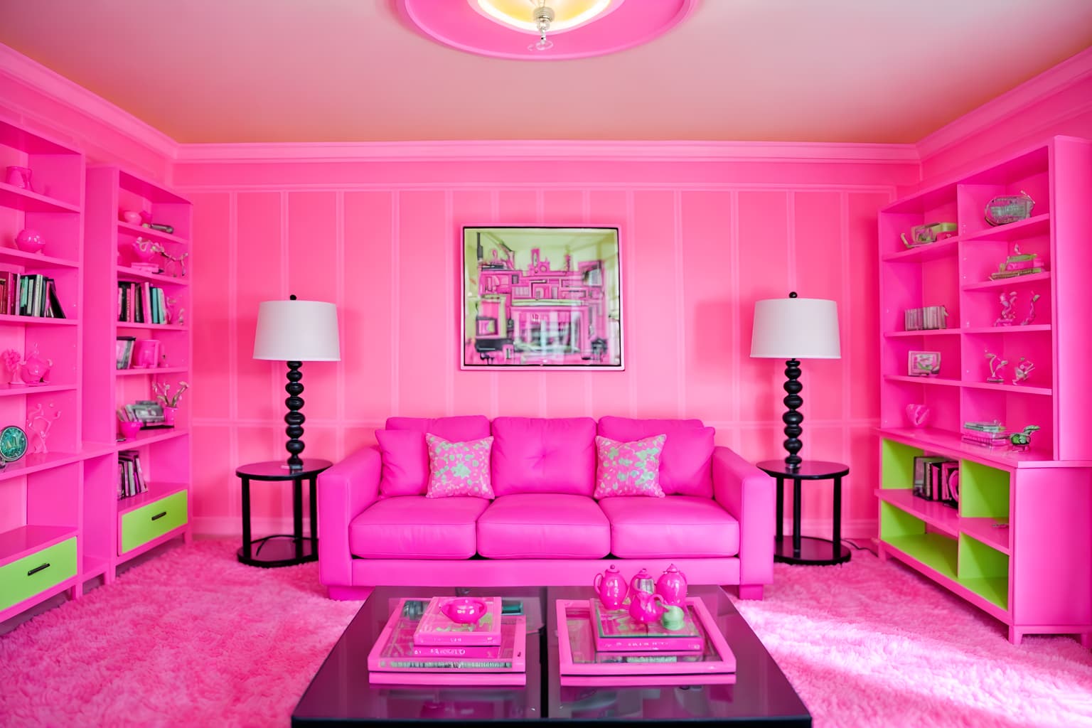 hot pink-style (living room interior) with occasional tables and televisions and bookshelves and plant and sofa and electric lamps and coffee tables and furniture. . with barbie sofa and barbie chairs and barbie bold rosy hues like fuchsia and magenta and barbie style interior and barbie closet and hot pink barbie colors and hot pink barbie walls and barbie plastic interior. . cinematic photo, highly detailed, cinematic lighting, ultra-detailed, ultrarealistic, photorealism, 8k. hot pink interior design style. masterpiece, cinematic light, ultrarealistic+, photorealistic+, 8k, raw photo, realistic, sharp focus on eyes, (symmetrical eyes), (intact eyes), hyperrealistic, highest quality, best quality, , highly detailed, masterpiece, best quality, extremely detailed 8k wallpaper, masterpiece, best quality, ultra-detailed, best shadow, detailed background, detailed face, detailed eyes, high contrast, best illumination, detailed face, dulux, caustic, dynamic angle, detailed glow. dramatic lighting. highly detailed, insanely detailed hair, symmetrical, intricate details, professionally retouched, 8k high definition. strong bokeh. award winning photo.