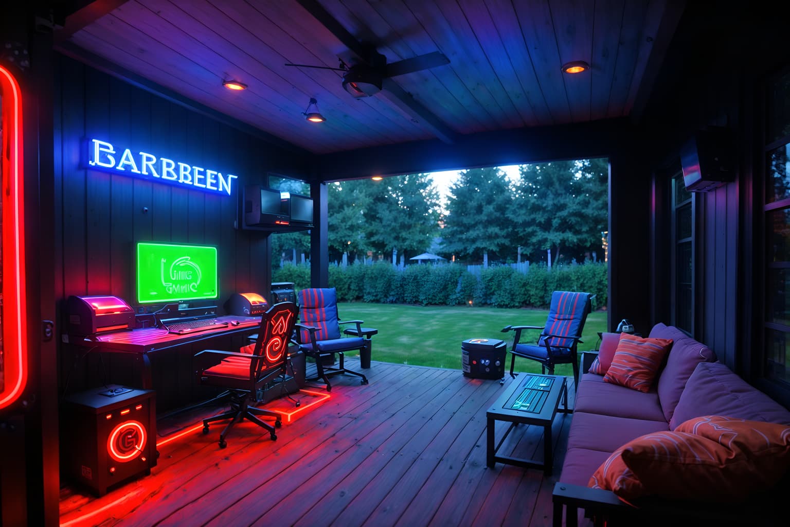 gaming room-style designed (outdoor patio ) with barbeque or grill and grass and plant and deck with deck chairs and patio couch with pillows and barbeque or grill. . with dark room and neon letters on wall and neon lights and speakers and multiple displays and purple, red and blue fade light and computer desk with computer displays and keyboard and dark walls. . cinematic photo, highly detailed, cinematic lighting, ultra-detailed, ultrarealistic, photorealism, 8k. gaming room design style. masterpiece, cinematic light, ultrarealistic+, photorealistic+, 8k, raw photo, realistic, sharp focus on eyes, (symmetrical eyes), (intact eyes), hyperrealistic, highest quality, best quality, , highly detailed, masterpiece, best quality, extremely detailed 8k wallpaper, masterpiece, best quality, ultra-detailed, best shadow, detailed background, detailed face, detailed eyes, high contrast, best illumination, detailed face, dulux, caustic, dynamic angle, detailed glow. dramatic lighting. highly detailed, insanely detailed hair, symmetrical, intricate details, professionally retouched, 8k high definition. strong bokeh. award winning photo.