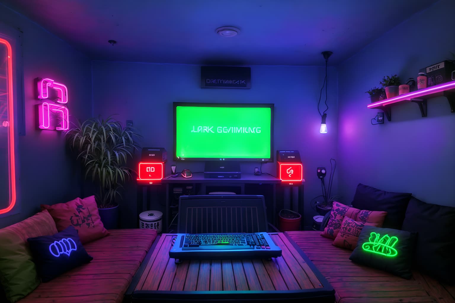gaming room-style designed (outdoor patio ) with barbeque or grill and grass and plant and deck with deck chairs and patio couch with pillows and barbeque or grill. . with dark room and neon letters on wall and neon lights and speakers and multiple displays and purple, red and blue fade light and computer desk with computer displays and keyboard and dark walls. . cinematic photo, highly detailed, cinematic lighting, ultra-detailed, ultrarealistic, photorealism, 8k. gaming room design style. masterpiece, cinematic light, ultrarealistic+, photorealistic+, 8k, raw photo, realistic, sharp focus on eyes, (symmetrical eyes), (intact eyes), hyperrealistic, highest quality, best quality, , highly detailed, masterpiece, best quality, extremely detailed 8k wallpaper, masterpiece, best quality, ultra-detailed, best shadow, detailed background, detailed face, detailed eyes, high contrast, best illumination, detailed face, dulux, caustic, dynamic angle, detailed glow. dramatic lighting. highly detailed, insanely detailed hair, symmetrical, intricate details, professionally retouched, 8k high definition. strong bokeh. award winning photo.