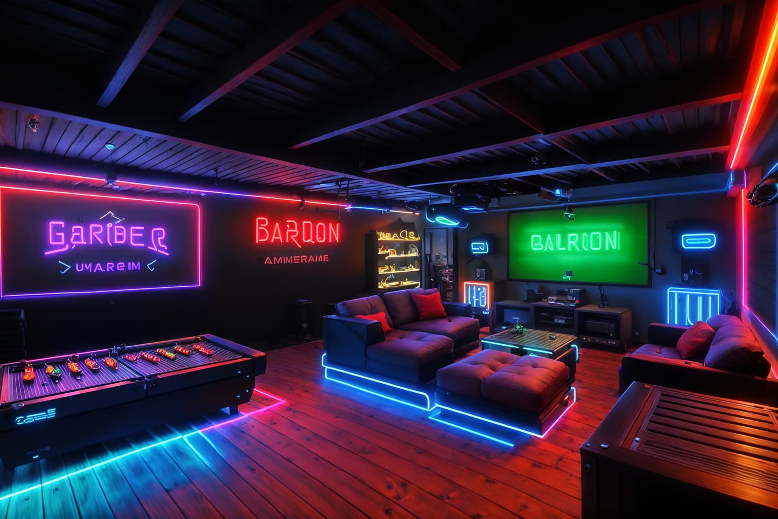 gaming room-style designed (outdoor patio ) with barbeque or grill and grass and plant and deck with deck chairs and patio couch with pillows and barbeque or grill. . with dark room and neon letters on wall and neon lights and speakers and multiple displays and purple, red and blue fade light and computer desk with computer displays and keyboard and dark walls. . cinematic photo, highly detailed, cinematic lighting, ultra-detailed, ultrarealistic, photorealism, 8k. gaming room design style. masterpiece, cinematic light, ultrarealistic+, photorealistic+, 8k, raw photo, realistic, sharp focus on eyes, (symmetrical eyes), (intact eyes), hyperrealistic, highest quality, best quality, , highly detailed, masterpiece, best quality, extremely detailed 8k wallpaper, masterpiece, best quality, ultra-detailed, best shadow, detailed background, detailed face, detailed eyes, high contrast, best illumination, detailed face, dulux, caustic, dynamic angle, detailed glow. dramatic lighting. highly detailed, insanely detailed hair, symmetrical, intricate details, professionally retouched, 8k high definition. strong bokeh. award winning photo.