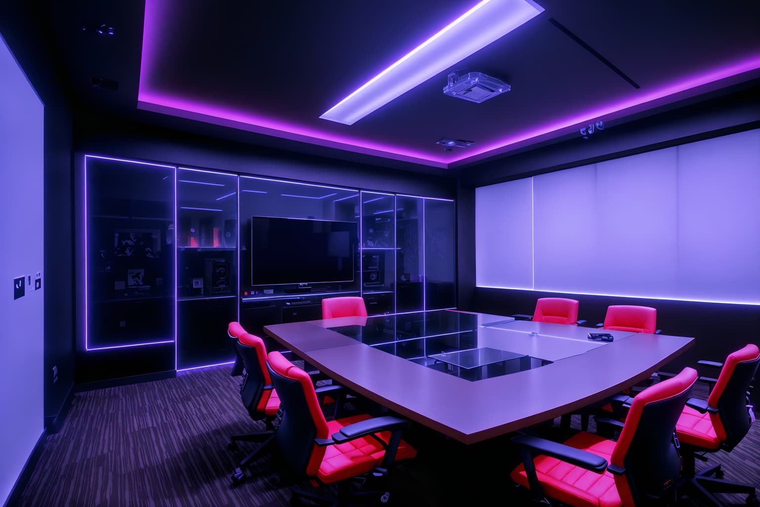 gaming room-style (meeting room interior) with painting or photo on wall and glass walls and glass doors and cabinets and plant and boardroom table and office chairs and vase. . with at night and dark room and multiple displays and neon lights and speakers and purple and red lights and neon letters on wall and computer desk with computer displays and keyboard. . cinematic photo, highly detailed, cinematic lighting, ultra-detailed, ultrarealistic, photorealism, 8k. gaming room interior design style. masterpiece, cinematic light, ultrarealistic+, photorealistic+, 8k, raw photo, realistic, sharp focus on eyes, (symmetrical eyes), (intact eyes), hyperrealistic, highest quality, best quality, , highly detailed, masterpiece, best quality, extremely detailed 8k wallpaper, masterpiece, best quality, ultra-detailed, best shadow, detailed background, detailed face, detailed eyes, high contrast, best illumination, detailed face, dulux, caustic, dynamic angle, detailed glow. dramatic lighting. highly detailed, insanely detailed hair, symmetrical, intricate details, professionally retouched, 8k high definition. strong bokeh. award winning photo.