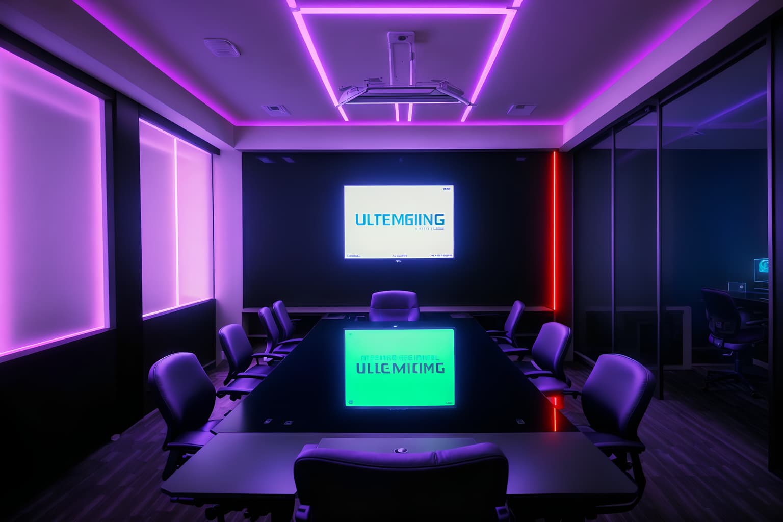 gaming room-style (meeting room interior) with painting or photo on wall and glass walls and glass doors and cabinets and plant and boardroom table and office chairs and vase. . with at night and dark room and multiple displays and neon lights and speakers and purple and red lights and neon letters on wall and computer desk with computer displays and keyboard. . cinematic photo, highly detailed, cinematic lighting, ultra-detailed, ultrarealistic, photorealism, 8k. gaming room interior design style. masterpiece, cinematic light, ultrarealistic+, photorealistic+, 8k, raw photo, realistic, sharp focus on eyes, (symmetrical eyes), (intact eyes), hyperrealistic, highest quality, best quality, , highly detailed, masterpiece, best quality, extremely detailed 8k wallpaper, masterpiece, best quality, ultra-detailed, best shadow, detailed background, detailed face, detailed eyes, high contrast, best illumination, detailed face, dulux, caustic, dynamic angle, detailed glow. dramatic lighting. highly detailed, insanely detailed hair, symmetrical, intricate details, professionally retouched, 8k high definition. strong bokeh. award winning photo.