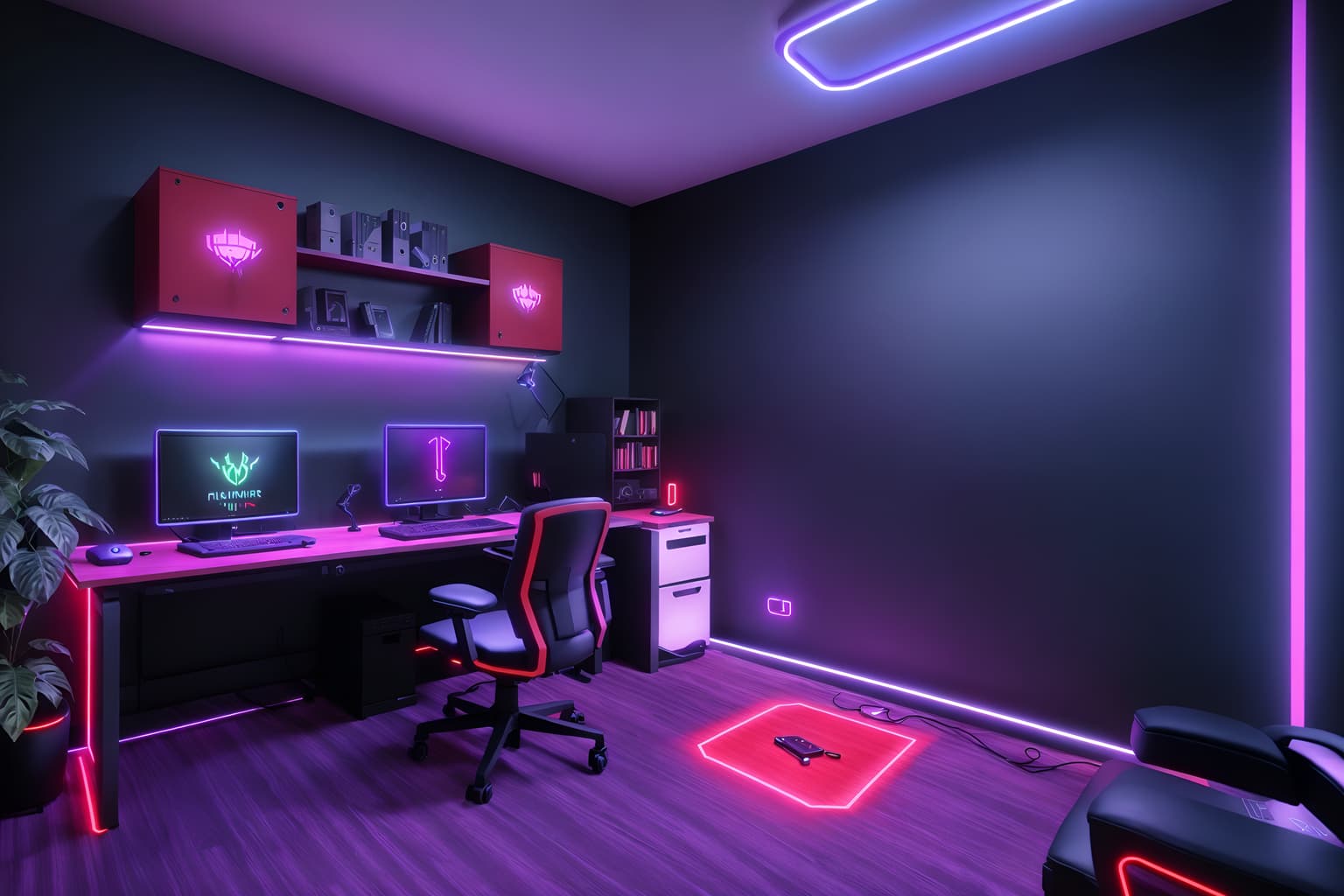 gaming room-style (home office interior) with cabinets and computer desk and plant and desk lamp and office chair and cabinets. . with gaming chair and purple, red and blue fade light and at night and speakers and dark walls and computer desk with computer displays and keyboard and neon letters on wall and neon lights. . cinematic photo, highly detailed, cinematic lighting, ultra-detailed, ultrarealistic, photorealism, 8k. gaming room interior design style. masterpiece, cinematic light, ultrarealistic+, photorealistic+, 8k, raw photo, realistic, sharp focus on eyes, (symmetrical eyes), (intact eyes), hyperrealistic, highest quality, best quality, , highly detailed, masterpiece, best quality, extremely detailed 8k wallpaper, masterpiece, best quality, ultra-detailed, best shadow, detailed background, detailed face, detailed eyes, high contrast, best illumination, detailed face, dulux, caustic, dynamic angle, detailed glow. dramatic lighting. highly detailed, insanely detailed hair, symmetrical, intricate details, professionally retouched, 8k high definition. strong bokeh. award winning photo.