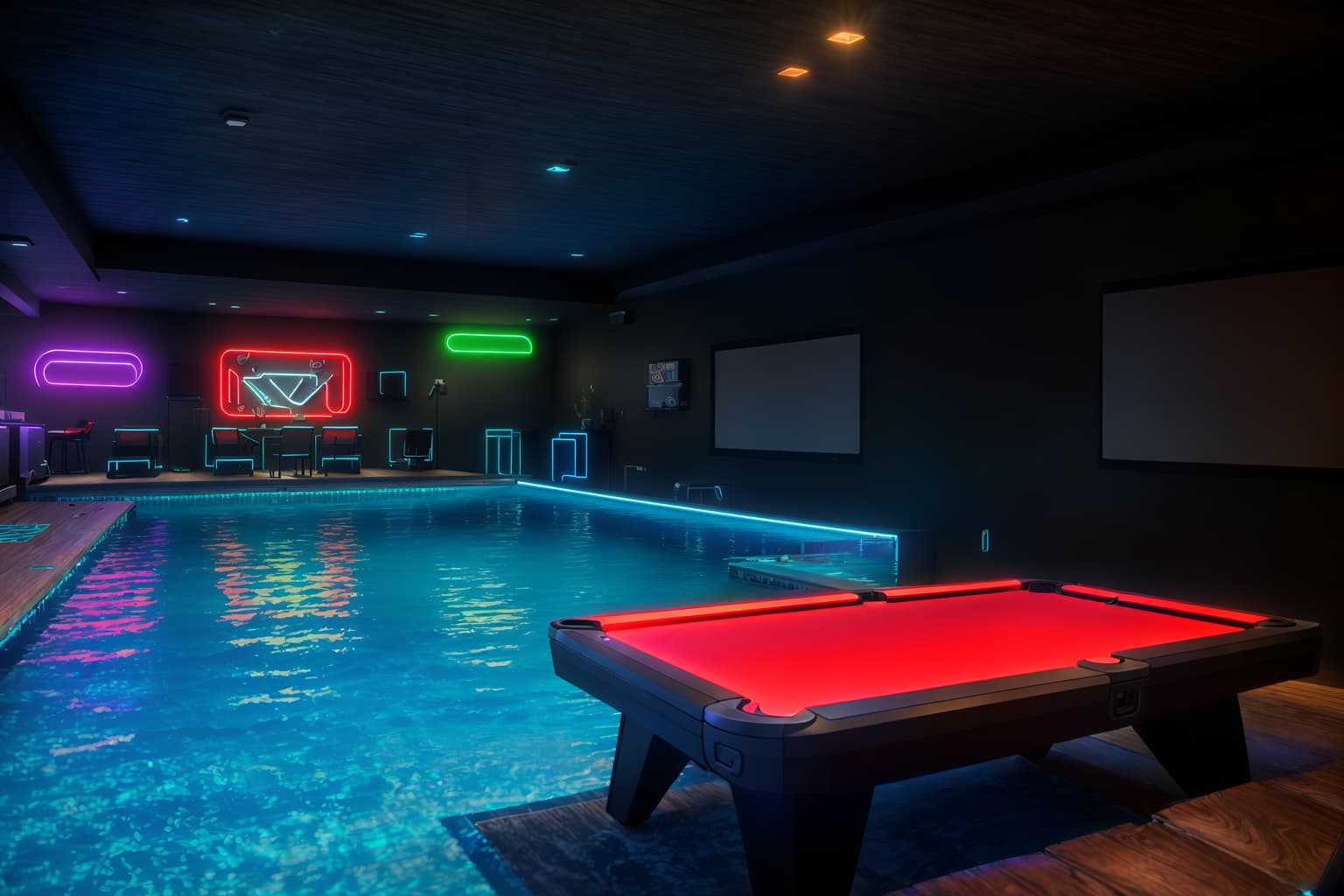 gaming room-style designed (outdoor pool area ) with pool lounge chairs and pool and pool lights and pool lounge chairs. . with gaming chair and speakers and dark walls and neon lights and multiple displays and computer desk with computer displays and keyboard and dark room and purple and red lights. . cinematic photo, highly detailed, cinematic lighting, ultra-detailed, ultrarealistic, photorealism, 8k. gaming room design style. masterpiece, cinematic light, ultrarealistic+, photorealistic+, 8k, raw photo, realistic, sharp focus on eyes, (symmetrical eyes), (intact eyes), hyperrealistic, highest quality, best quality, , highly detailed, masterpiece, best quality, extremely detailed 8k wallpaper, masterpiece, best quality, ultra-detailed, best shadow, detailed background, detailed face, detailed eyes, high contrast, best illumination, detailed face, dulux, caustic, dynamic angle, detailed glow. dramatic lighting. highly detailed, insanely detailed hair, symmetrical, intricate details, professionally retouched, 8k high definition. strong bokeh. award winning photo.