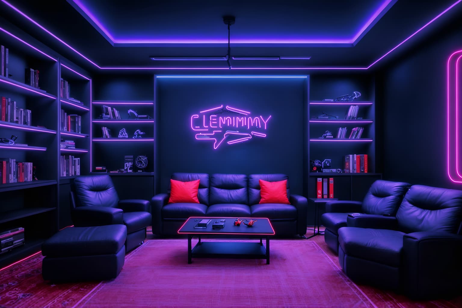 gaming room-style (living room interior) with occasional tables and plant and chairs and furniture and bookshelves and electric lamps and coffee tables and televisions. . with at night and speakers and neon lights and gaming chair and dark walls and purple, red and blue fade light and dark room and neon letters on wall. . cinematic photo, highly detailed, cinematic lighting, ultra-detailed, ultrarealistic, photorealism, 8k. gaming room interior design style. masterpiece, cinematic light, ultrarealistic+, photorealistic+, 8k, raw photo, realistic, sharp focus on eyes, (symmetrical eyes), (intact eyes), hyperrealistic, highest quality, best quality, , highly detailed, masterpiece, best quality, extremely detailed 8k wallpaper, masterpiece, best quality, ultra-detailed, best shadow, detailed background, detailed face, detailed eyes, high contrast, best illumination, detailed face, dulux, caustic, dynamic angle, detailed glow. dramatic lighting. highly detailed, insanely detailed hair, symmetrical, intricate details, professionally retouched, 8k high definition. strong bokeh. award winning photo.