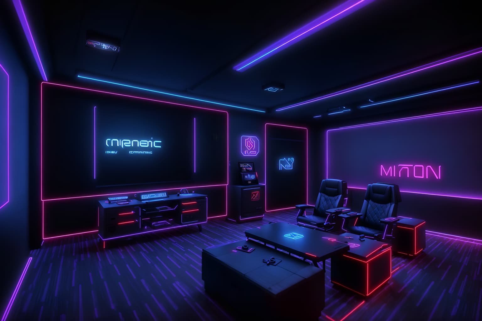 gaming room-style (exhibition space interior) . with computer desk with computer displays and keyboard and multiple displays and dark room and dark walls and purple, red and blue fade light and speakers and neon lights and neon letters on wall. . cinematic photo, highly detailed, cinematic lighting, ultra-detailed, ultrarealistic, photorealism, 8k. gaming room interior design style. masterpiece, cinematic light, ultrarealistic+, photorealistic+, 8k, raw photo, realistic, sharp focus on eyes, (symmetrical eyes), (intact eyes), hyperrealistic, highest quality, best quality, , highly detailed, masterpiece, best quality, extremely detailed 8k wallpaper, masterpiece, best quality, ultra-detailed, best shadow, detailed background, detailed face, detailed eyes, high contrast, best illumination, detailed face, dulux, caustic, dynamic angle, detailed glow. dramatic lighting. highly detailed, insanely detailed hair, symmetrical, intricate details, professionally retouched, 8k high definition. strong bokeh. award winning photo.