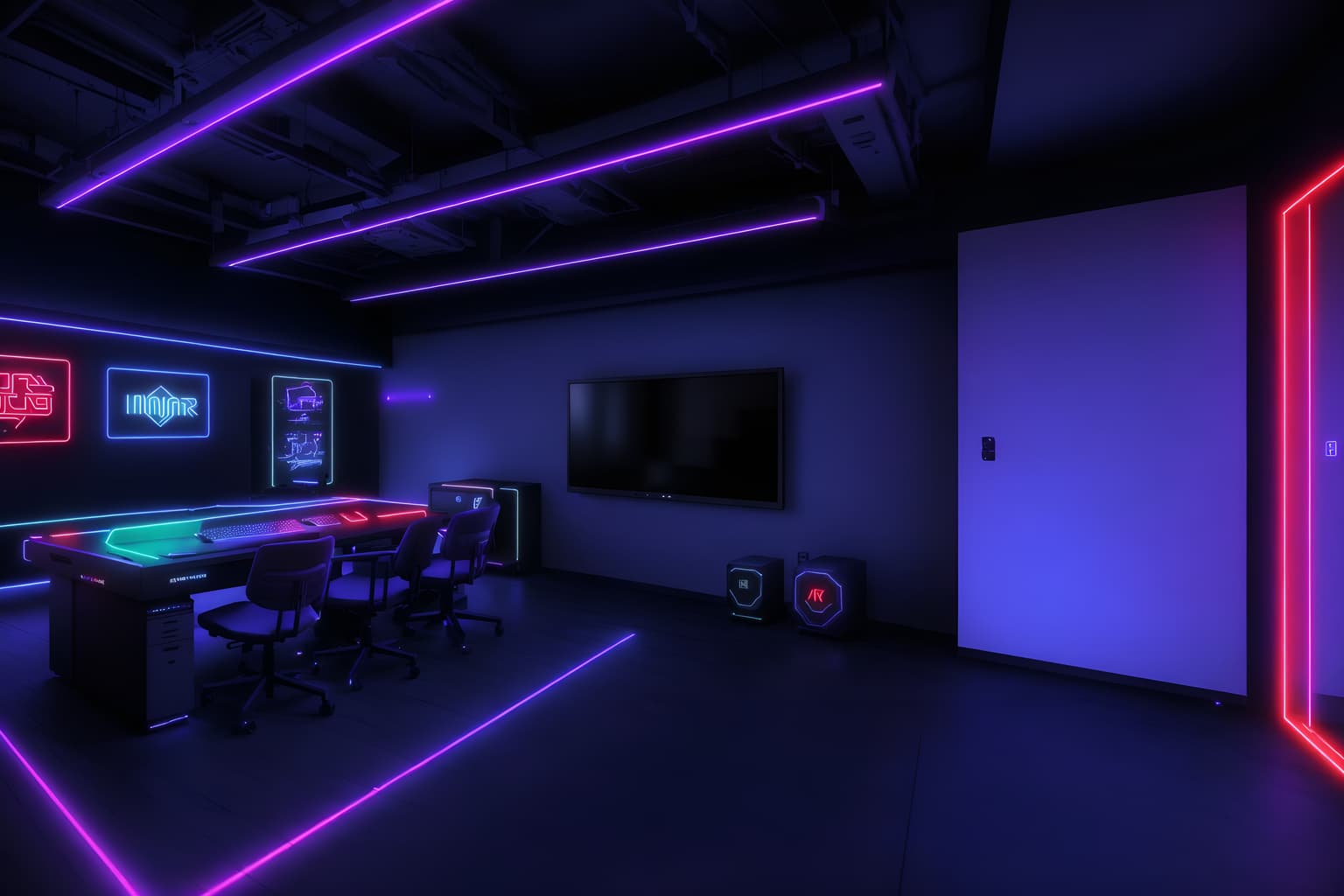 gaming room-style (exhibition space interior) . with computer desk with computer displays and keyboard and multiple displays and dark room and dark walls and purple, red and blue fade light and speakers and neon lights and neon letters on wall. . cinematic photo, highly detailed, cinematic lighting, ultra-detailed, ultrarealistic, photorealism, 8k. gaming room interior design style. masterpiece, cinematic light, ultrarealistic+, photorealistic+, 8k, raw photo, realistic, sharp focus on eyes, (symmetrical eyes), (intact eyes), hyperrealistic, highest quality, best quality, , highly detailed, masterpiece, best quality, extremely detailed 8k wallpaper, masterpiece, best quality, ultra-detailed, best shadow, detailed background, detailed face, detailed eyes, high contrast, best illumination, detailed face, dulux, caustic, dynamic angle, detailed glow. dramatic lighting. highly detailed, insanely detailed hair, symmetrical, intricate details, professionally retouched, 8k high definition. strong bokeh. award winning photo.