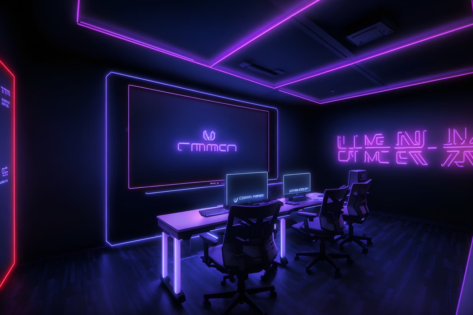 gaming room-style (exhibition space interior) . with computer desk with computer displays and keyboard and multiple displays and dark room and dark walls and purple, red and blue fade light and speakers and neon lights and neon letters on wall. . cinematic photo, highly detailed, cinematic lighting, ultra-detailed, ultrarealistic, photorealism, 8k. gaming room interior design style. masterpiece, cinematic light, ultrarealistic+, photorealistic+, 8k, raw photo, realistic, sharp focus on eyes, (symmetrical eyes), (intact eyes), hyperrealistic, highest quality, best quality, , highly detailed, masterpiece, best quality, extremely detailed 8k wallpaper, masterpiece, best quality, ultra-detailed, best shadow, detailed background, detailed face, detailed eyes, high contrast, best illumination, detailed face, dulux, caustic, dynamic angle, detailed glow. dramatic lighting. highly detailed, insanely detailed hair, symmetrical, intricate details, professionally retouched, 8k high definition. strong bokeh. award winning photo.