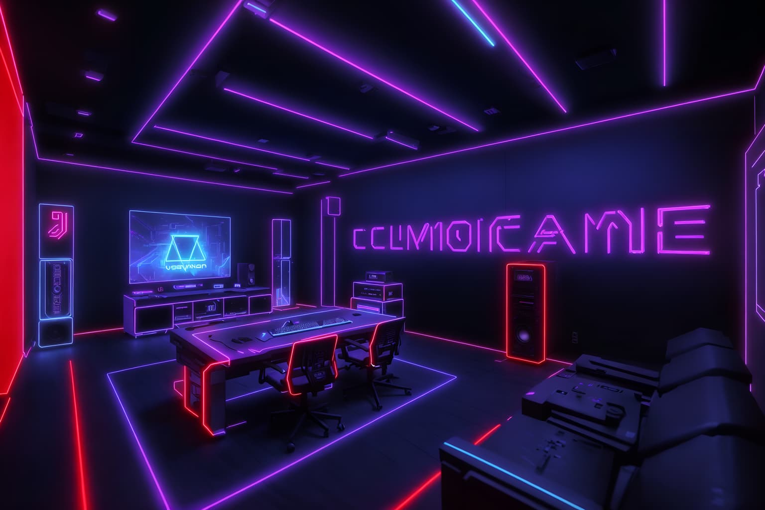 gaming room-style (exhibition space interior) . with computer desk with computer displays and keyboard and multiple displays and dark room and dark walls and purple, red and blue fade light and speakers and neon lights and neon letters on wall. . cinematic photo, highly detailed, cinematic lighting, ultra-detailed, ultrarealistic, photorealism, 8k. gaming room interior design style. masterpiece, cinematic light, ultrarealistic+, photorealistic+, 8k, raw photo, realistic, sharp focus on eyes, (symmetrical eyes), (intact eyes), hyperrealistic, highest quality, best quality, , highly detailed, masterpiece, best quality, extremely detailed 8k wallpaper, masterpiece, best quality, ultra-detailed, best shadow, detailed background, detailed face, detailed eyes, high contrast, best illumination, detailed face, dulux, caustic, dynamic angle, detailed glow. dramatic lighting. highly detailed, insanely detailed hair, symmetrical, intricate details, professionally retouched, 8k high definition. strong bokeh. award winning photo.