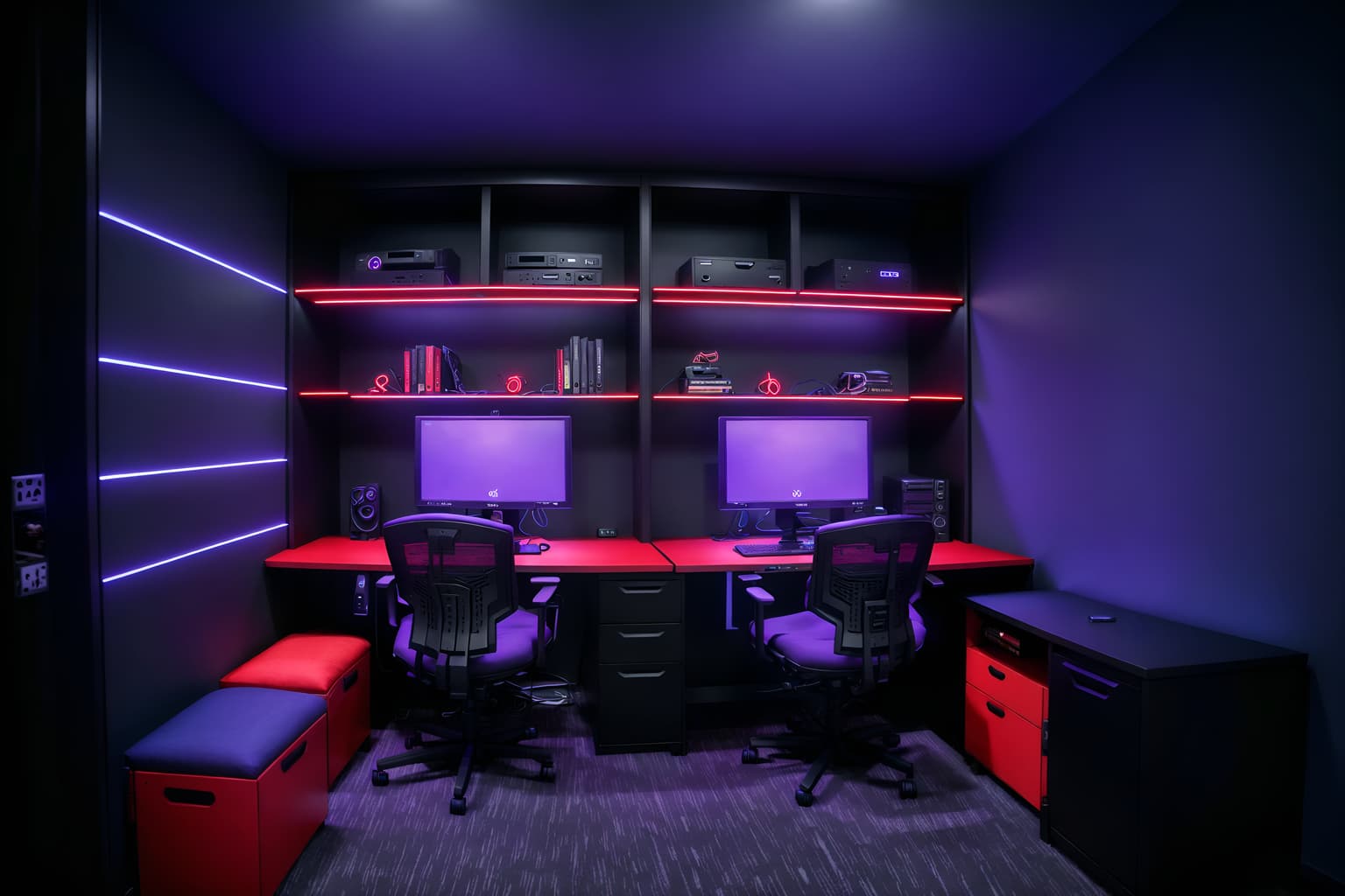 gaming room-style (drop zone interior) with wall hooks for coats and high up storage and shelves for shoes and storage baskets and cabinets and storage drawers and lockers and cubbies. . with dark room and gaming chair and purple and red lights and dark walls and multiple displays and computer desk with computer displays and keyboard and neon letters on wall and speakers. . cinematic photo, highly detailed, cinematic lighting, ultra-detailed, ultrarealistic, photorealism, 8k. gaming room interior design style. masterpiece, cinematic light, ultrarealistic+, photorealistic+, 8k, raw photo, realistic, sharp focus on eyes, (symmetrical eyes), (intact eyes), hyperrealistic, highest quality, best quality, , highly detailed, masterpiece, best quality, extremely detailed 8k wallpaper, masterpiece, best quality, ultra-detailed, best shadow, detailed background, detailed face, detailed eyes, high contrast, best illumination, detailed face, dulux, caustic, dynamic angle, detailed glow. dramatic lighting. highly detailed, insanely detailed hair, symmetrical, intricate details, professionally retouched, 8k high definition. strong bokeh. award winning photo.