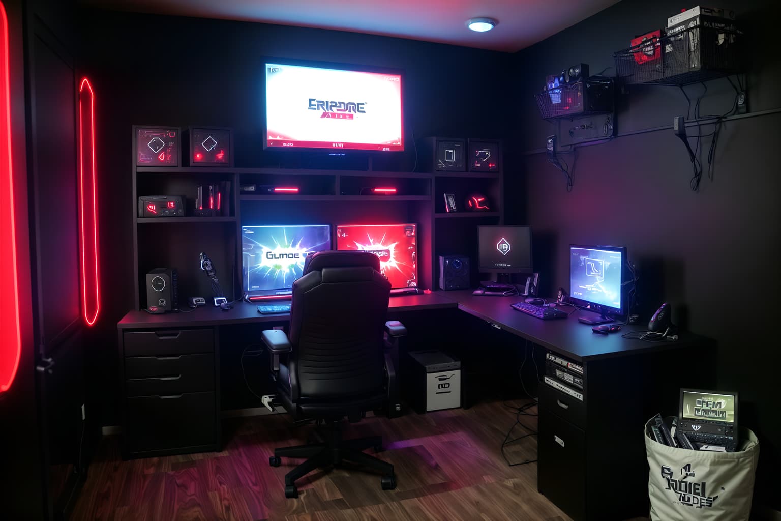 gaming room-style (drop zone interior) with wall hooks for coats and high up storage and shelves for shoes and storage baskets and cabinets and storage drawers and lockers and cubbies. . with dark room and gaming chair and purple and red lights and dark walls and multiple displays and computer desk with computer displays and keyboard and neon letters on wall and speakers. . cinematic photo, highly detailed, cinematic lighting, ultra-detailed, ultrarealistic, photorealism, 8k. gaming room interior design style. masterpiece, cinematic light, ultrarealistic+, photorealistic+, 8k, raw photo, realistic, sharp focus on eyes, (symmetrical eyes), (intact eyes), hyperrealistic, highest quality, best quality, , highly detailed, masterpiece, best quality, extremely detailed 8k wallpaper, masterpiece, best quality, ultra-detailed, best shadow, detailed background, detailed face, detailed eyes, high contrast, best illumination, detailed face, dulux, caustic, dynamic angle, detailed glow. dramatic lighting. highly detailed, insanely detailed hair, symmetrical, intricate details, professionally retouched, 8k high definition. strong bokeh. award winning photo.