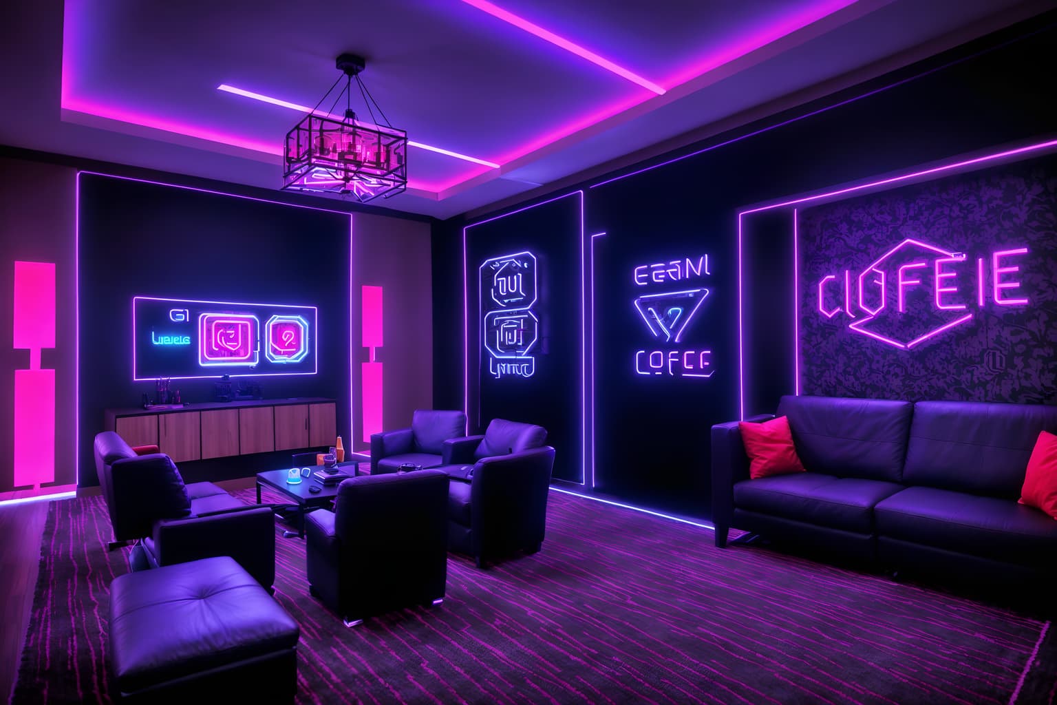gaming room-style (hotel lobby interior) with rug and furniture and hanging lamps and sofas and plant and check in desk and coffee tables and lounge chairs. . with dark walls and multiple displays and neon letters on wall and computer desk with computer displays and keyboard and gaming chair and purple, red and blue fade light and purple and red lights and speakers. . cinematic photo, highly detailed, cinematic lighting, ultra-detailed, ultrarealistic, photorealism, 8k. gaming room interior design style. masterpiece, cinematic light, ultrarealistic+, photorealistic+, 8k, raw photo, realistic, sharp focus on eyes, (symmetrical eyes), (intact eyes), hyperrealistic, highest quality, best quality, , highly detailed, masterpiece, best quality, extremely detailed 8k wallpaper, masterpiece, best quality, ultra-detailed, best shadow, detailed background, detailed face, detailed eyes, high contrast, best illumination, detailed face, dulux, caustic, dynamic angle, detailed glow. dramatic lighting. highly detailed, insanely detailed hair, symmetrical, intricate details, professionally retouched, 8k high definition. strong bokeh. award winning photo.