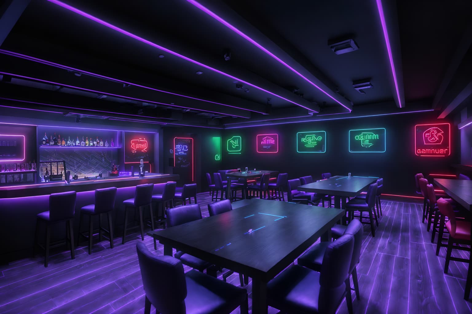 gaming room-style (restaurant interior) with restaurant bar and restaurant chairs and restaurant dining tables and restaurant decor and restaurant bar. . with dark room and neon lights and purple, red and blue fade light and at night and dark walls and speakers and gaming chair and computer desk with computer displays and keyboard. . cinematic photo, highly detailed, cinematic lighting, ultra-detailed, ultrarealistic, photorealism, 8k. gaming room interior design style. masterpiece, cinematic light, ultrarealistic+, photorealistic+, 8k, raw photo, realistic, sharp focus on eyes, (symmetrical eyes), (intact eyes), hyperrealistic, highest quality, best quality, , highly detailed, masterpiece, best quality, extremely detailed 8k wallpaper, masterpiece, best quality, ultra-detailed, best shadow, detailed background, detailed face, detailed eyes, high contrast, best illumination, detailed face, dulux, caustic, dynamic angle, detailed glow. dramatic lighting. highly detailed, insanely detailed hair, symmetrical, intricate details, professionally retouched, 8k high definition. strong bokeh. award winning photo.