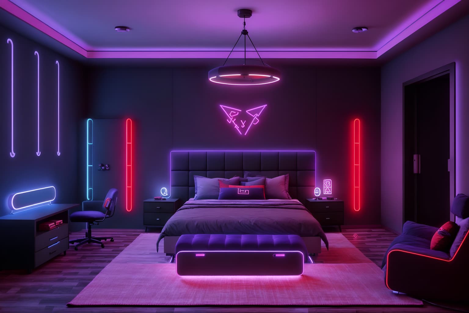 gaming room-style (bedroom interior) with storage bench or ottoman and accent chair and bed and bedside table or night stand and dresser closet and night light and mirror and headboard. . with purple and red lights and gaming chair and at night and purple, red and blue fade light and dark walls and neon letters on wall and neon lights and speakers. . cinematic photo, highly detailed, cinematic lighting, ultra-detailed, ultrarealistic, photorealism, 8k. gaming room interior design style. masterpiece, cinematic light, ultrarealistic+, photorealistic+, 8k, raw photo, realistic, sharp focus on eyes, (symmetrical eyes), (intact eyes), hyperrealistic, highest quality, best quality, , highly detailed, masterpiece, best quality, extremely detailed 8k wallpaper, masterpiece, best quality, ultra-detailed, best shadow, detailed background, detailed face, detailed eyes, high contrast, best illumination, detailed face, dulux, caustic, dynamic angle, detailed glow. dramatic lighting. highly detailed, insanely detailed hair, symmetrical, intricate details, professionally retouched, 8k high definition. strong bokeh. award winning photo.