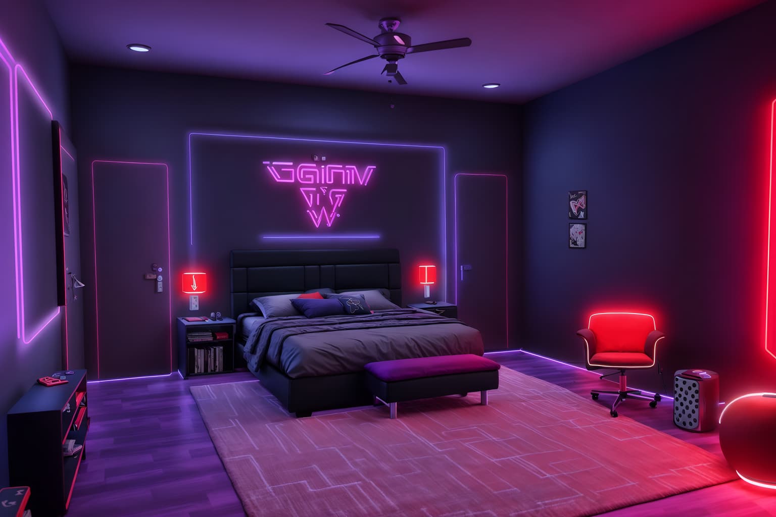 gaming room-style (bedroom interior) with storage bench or ottoman and accent chair and bed and bedside table or night stand and dresser closet and night light and mirror and headboard. . with purple and red lights and gaming chair and at night and purple, red and blue fade light and dark walls and neon letters on wall and neon lights and speakers. . cinematic photo, highly detailed, cinematic lighting, ultra-detailed, ultrarealistic, photorealism, 8k. gaming room interior design style. masterpiece, cinematic light, ultrarealistic+, photorealistic+, 8k, raw photo, realistic, sharp focus on eyes, (symmetrical eyes), (intact eyes), hyperrealistic, highest quality, best quality, , highly detailed, masterpiece, best quality, extremely detailed 8k wallpaper, masterpiece, best quality, ultra-detailed, best shadow, detailed background, detailed face, detailed eyes, high contrast, best illumination, detailed face, dulux, caustic, dynamic angle, detailed glow. dramatic lighting. highly detailed, insanely detailed hair, symmetrical, intricate details, professionally retouched, 8k high definition. strong bokeh. award winning photo.