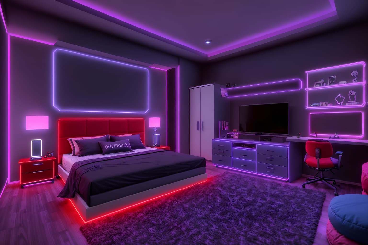 gaming room-style (bedroom interior) with storage bench or ottoman and accent chair and bed and bedside table or night stand and dresser closet and night light and mirror and headboard. . with purple and red lights and gaming chair and at night and purple, red and blue fade light and dark walls and neon letters on wall and neon lights and speakers. . cinematic photo, highly detailed, cinematic lighting, ultra-detailed, ultrarealistic, photorealism, 8k. gaming room interior design style. masterpiece, cinematic light, ultrarealistic+, photorealistic+, 8k, raw photo, realistic, sharp focus on eyes, (symmetrical eyes), (intact eyes), hyperrealistic, highest quality, best quality, , highly detailed, masterpiece, best quality, extremely detailed 8k wallpaper, masterpiece, best quality, ultra-detailed, best shadow, detailed background, detailed face, detailed eyes, high contrast, best illumination, detailed face, dulux, caustic, dynamic angle, detailed glow. dramatic lighting. highly detailed, insanely detailed hair, symmetrical, intricate details, professionally retouched, 8k high definition. strong bokeh. award winning photo.