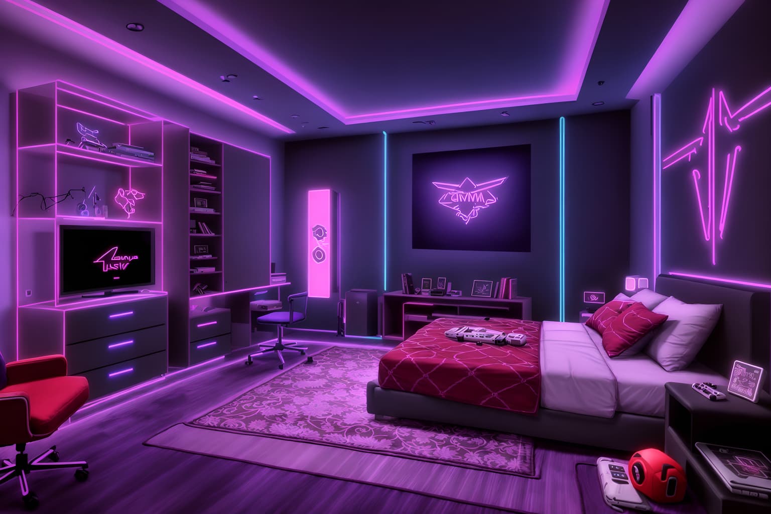 gaming room-style (bedroom interior) with storage bench or ottoman and accent chair and bed and bedside table or night stand and dresser closet and night light and mirror and headboard. . with purple and red lights and gaming chair and at night and purple, red and blue fade light and dark walls and neon letters on wall and neon lights and speakers. . cinematic photo, highly detailed, cinematic lighting, ultra-detailed, ultrarealistic, photorealism, 8k. gaming room interior design style. masterpiece, cinematic light, ultrarealistic+, photorealistic+, 8k, raw photo, realistic, sharp focus on eyes, (symmetrical eyes), (intact eyes), hyperrealistic, highest quality, best quality, , highly detailed, masterpiece, best quality, extremely detailed 8k wallpaper, masterpiece, best quality, ultra-detailed, best shadow, detailed background, detailed face, detailed eyes, high contrast, best illumination, detailed face, dulux, caustic, dynamic angle, detailed glow. dramatic lighting. highly detailed, insanely detailed hair, symmetrical, intricate details, professionally retouched, 8k high definition. strong bokeh. award winning photo.