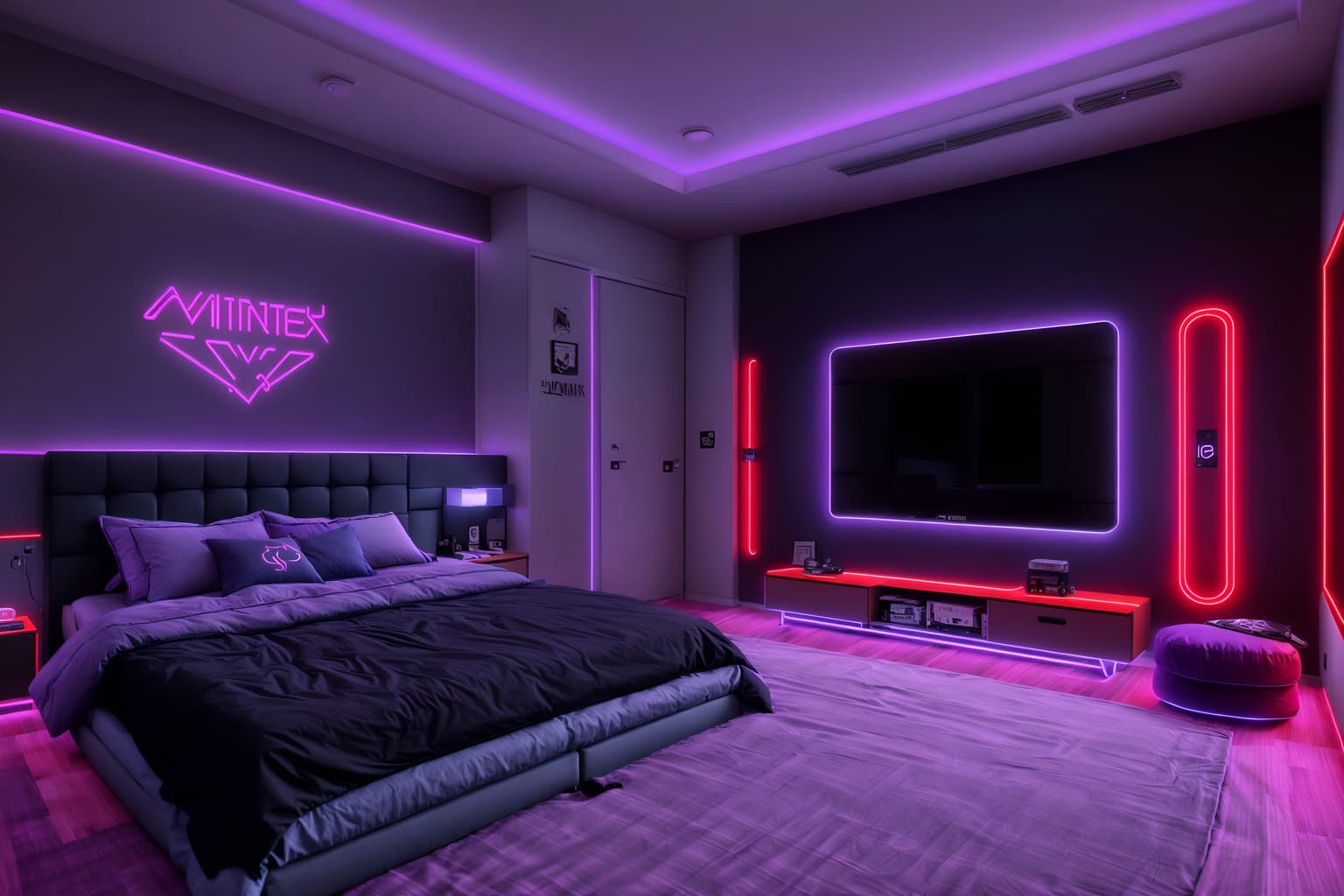 gaming room-style (bedroom interior) with storage bench or ottoman and accent chair and bed and bedside table or night stand and dresser closet and night light and mirror and headboard. . with purple and red lights and gaming chair and at night and purple, red and blue fade light and dark walls and neon letters on wall and neon lights and speakers. . cinematic photo, highly detailed, cinematic lighting, ultra-detailed, ultrarealistic, photorealism, 8k. gaming room interior design style. masterpiece, cinematic light, ultrarealistic+, photorealistic+, 8k, raw photo, realistic, sharp focus on eyes, (symmetrical eyes), (intact eyes), hyperrealistic, highest quality, best quality, , highly detailed, masterpiece, best quality, extremely detailed 8k wallpaper, masterpiece, best quality, ultra-detailed, best shadow, detailed background, detailed face, detailed eyes, high contrast, best illumination, detailed face, dulux, caustic, dynamic angle, detailed glow. dramatic lighting. highly detailed, insanely detailed hair, symmetrical, intricate details, professionally retouched, 8k high definition. strong bokeh. award winning photo.