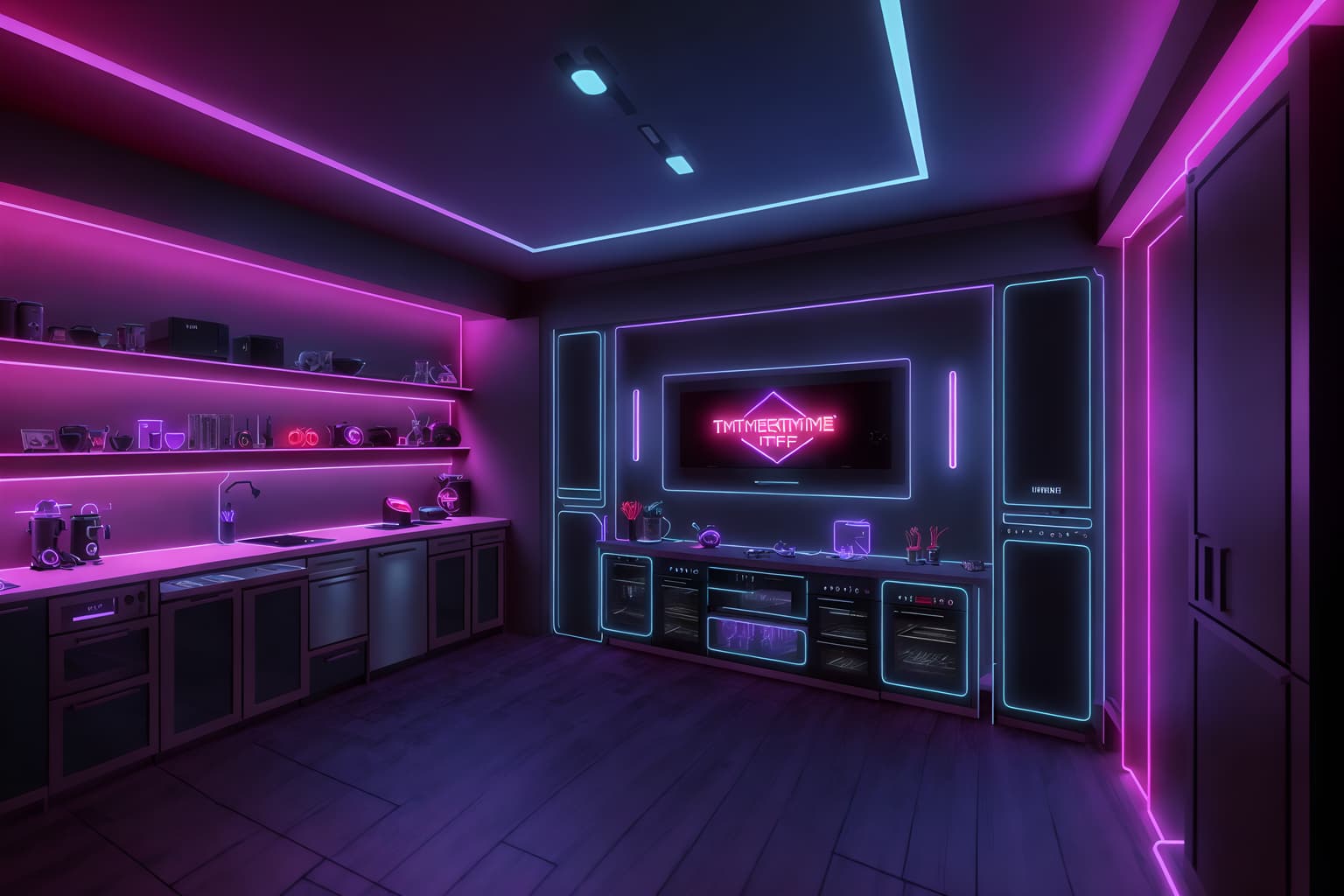 gaming room-style (kitchen interior) with worktops and plant and sink and kitchen cabinets and refrigerator and stove and worktops. . with multiple displays and dark room and speakers and neon letters on wall and purple and red lights and purple, red and blue fade light and gaming chair and at night. . cinematic photo, highly detailed, cinematic lighting, ultra-detailed, ultrarealistic, photorealism, 8k. gaming room interior design style. masterpiece, cinematic light, ultrarealistic+, photorealistic+, 8k, raw photo, realistic, sharp focus on eyes, (symmetrical eyes), (intact eyes), hyperrealistic, highest quality, best quality, , highly detailed, masterpiece, best quality, extremely detailed 8k wallpaper, masterpiece, best quality, ultra-detailed, best shadow, detailed background, detailed face, detailed eyes, high contrast, best illumination, detailed face, dulux, caustic, dynamic angle, detailed glow. dramatic lighting. highly detailed, insanely detailed hair, symmetrical, intricate details, professionally retouched, 8k high definition. strong bokeh. award winning photo.