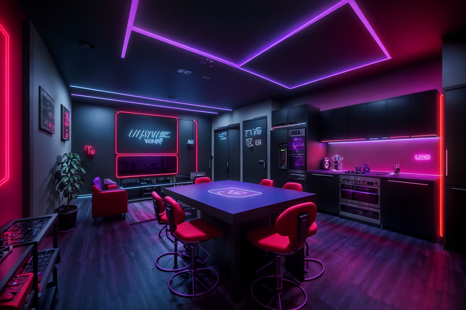 gaming room-style (kitchen interior) with worktops and plant and sink and kitchen cabinets and refrigerator and stove and worktops. . with multiple displays and dark room and speakers and neon letters on wall and purple and red lights and purple, red and blue fade light and gaming chair and at night. . cinematic photo, highly detailed, cinematic lighting, ultra-detailed, ultrarealistic, photorealism, 8k. gaming room interior design style. masterpiece, cinematic light, ultrarealistic+, photorealistic+, 8k, raw photo, realistic, sharp focus on eyes, (symmetrical eyes), (intact eyes), hyperrealistic, highest quality, best quality, , highly detailed, masterpiece, best quality, extremely detailed 8k wallpaper, masterpiece, best quality, ultra-detailed, best shadow, detailed background, detailed face, detailed eyes, high contrast, best illumination, detailed face, dulux, caustic, dynamic angle, detailed glow. dramatic lighting. highly detailed, insanely detailed hair, symmetrical, intricate details, professionally retouched, 8k high definition. strong bokeh. award winning photo.